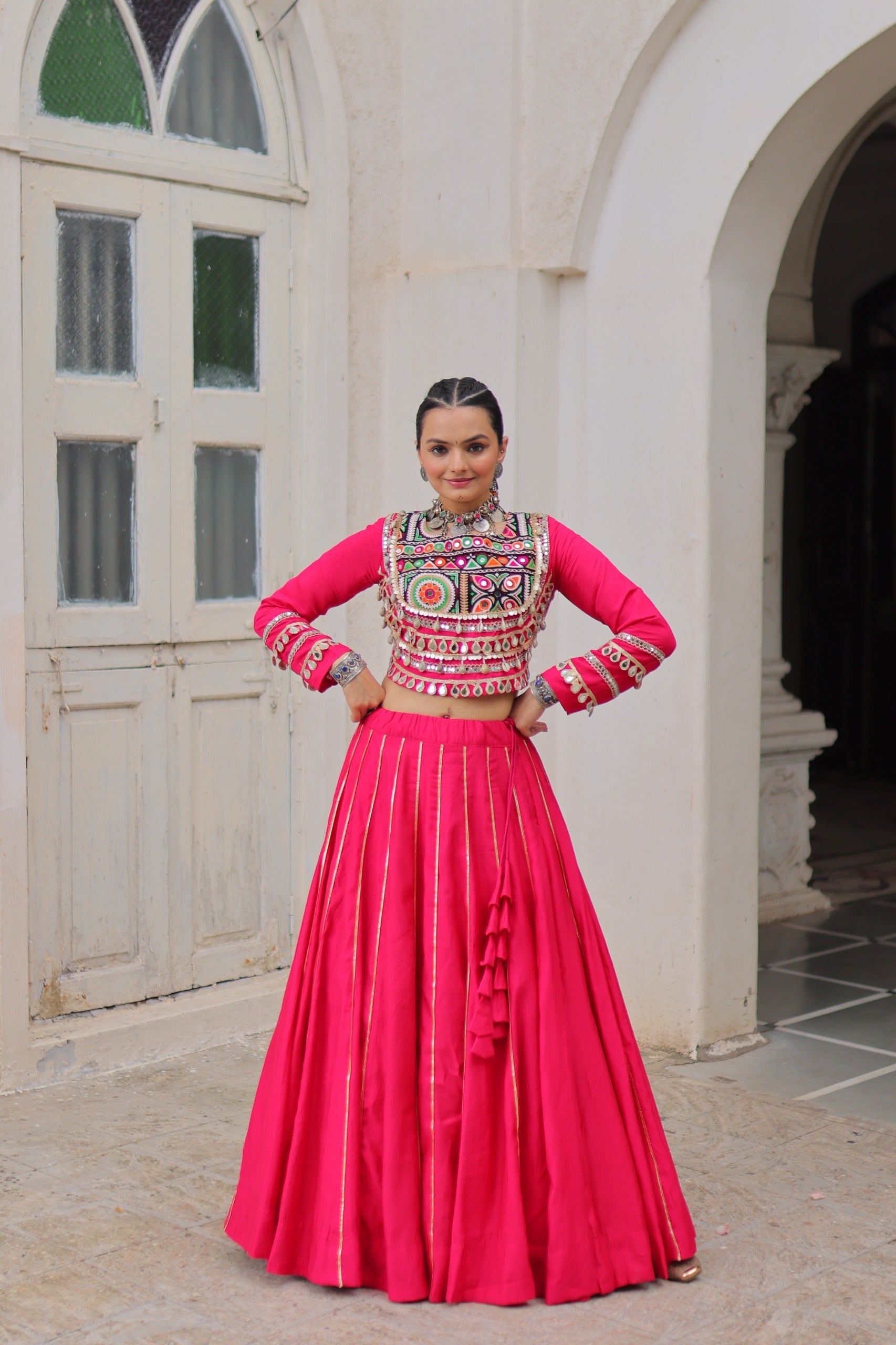 Lorenvalley Fashion Pink Roman Silk with Attractive Gota-Patti Lace Lehenga Choli | Swadesiicart