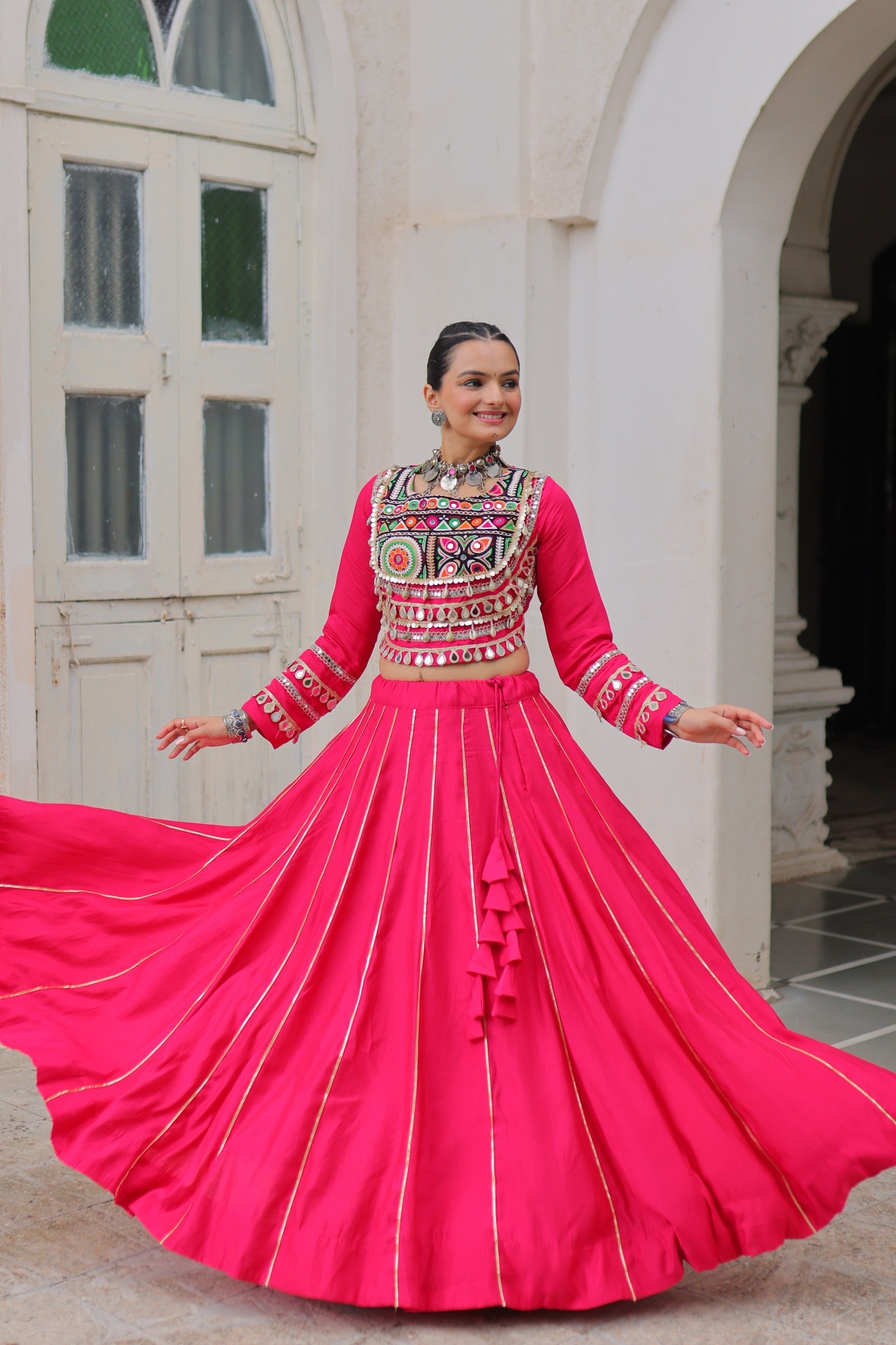 Lorenvalley Fashion Pink Roman Silk with Attractive Gota-Patti Lace Lehenga Choli | Swadesiicart
