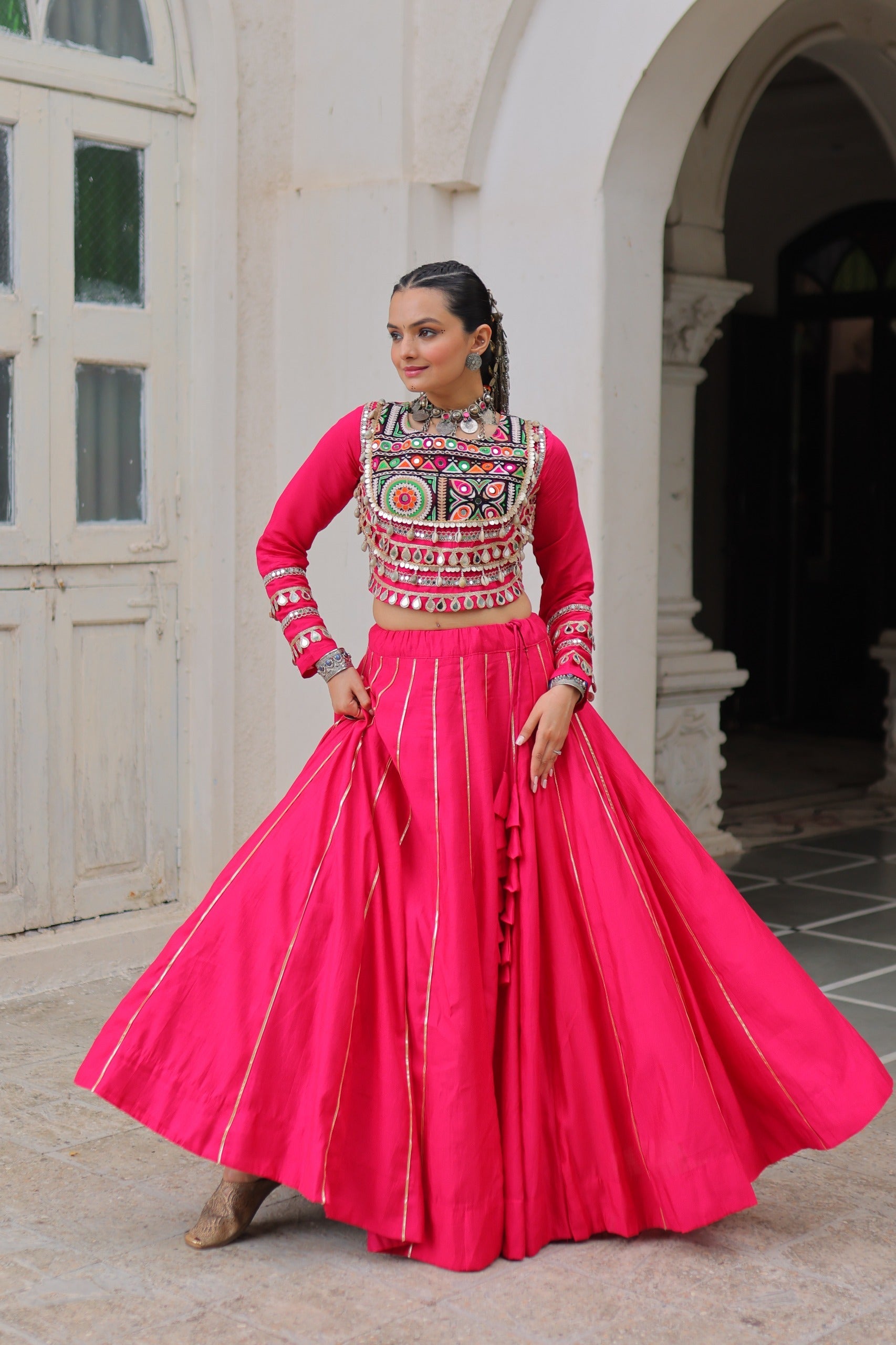 Lorenvalley Fashion Pink Roman Silk with Attractive Gota-Patti Lace Lehenga Choli | Swadesiicart
