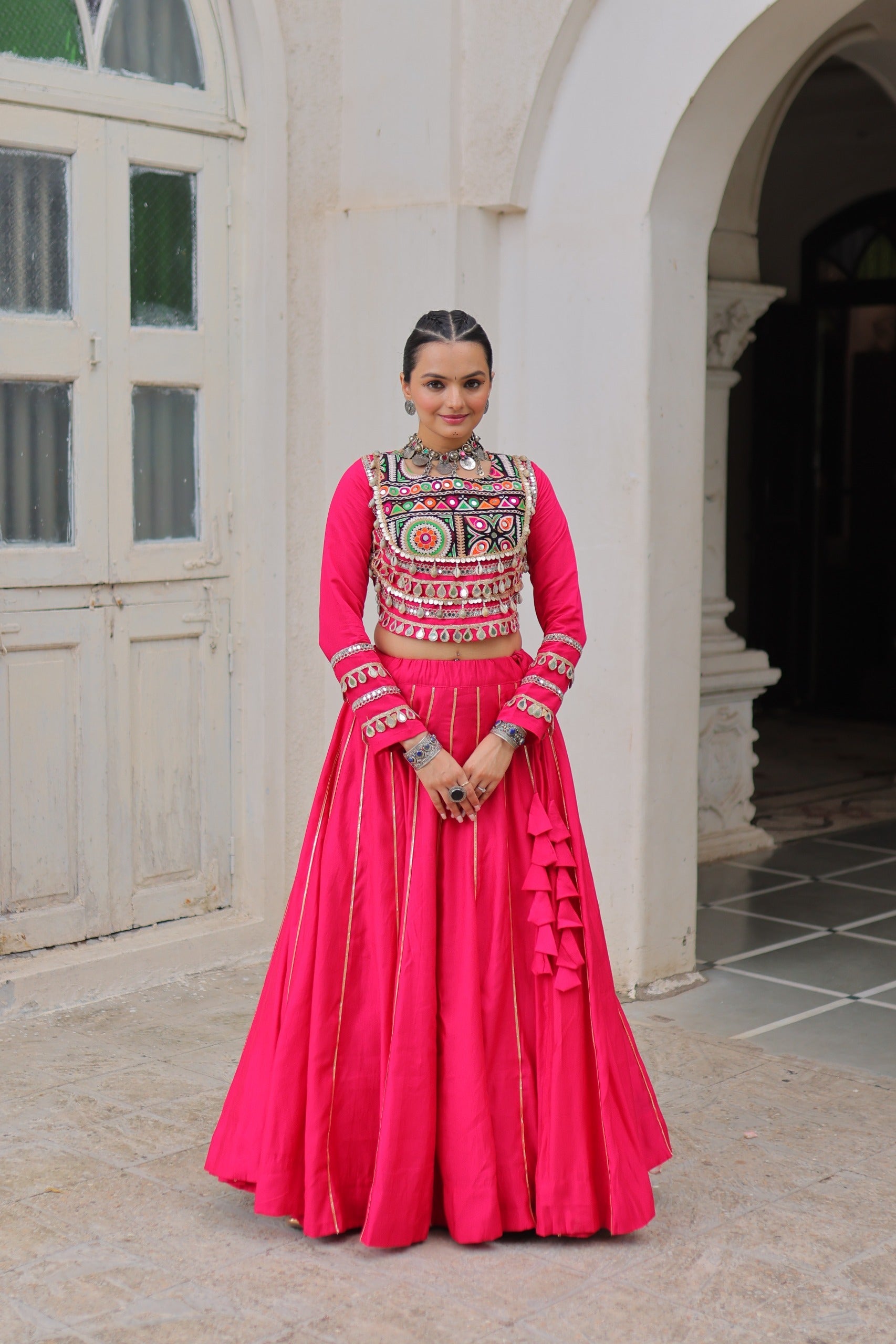 Lorenvalley Fashion Pink Roman Silk with Attractive Gota-Patti Lace Lehenga Choli | Swadesiicart