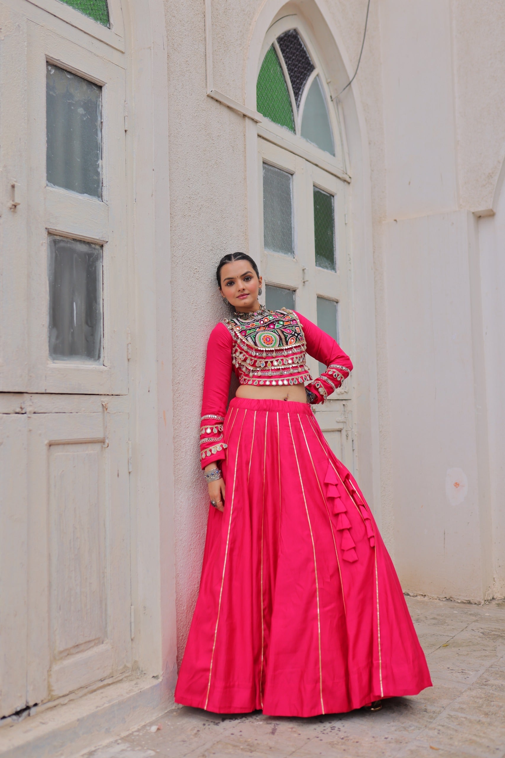 Lorenvalley Fashion Pink Roman Silk with Attractive Gota-Patti Lace Lehenga Choli | Swadesiicart
