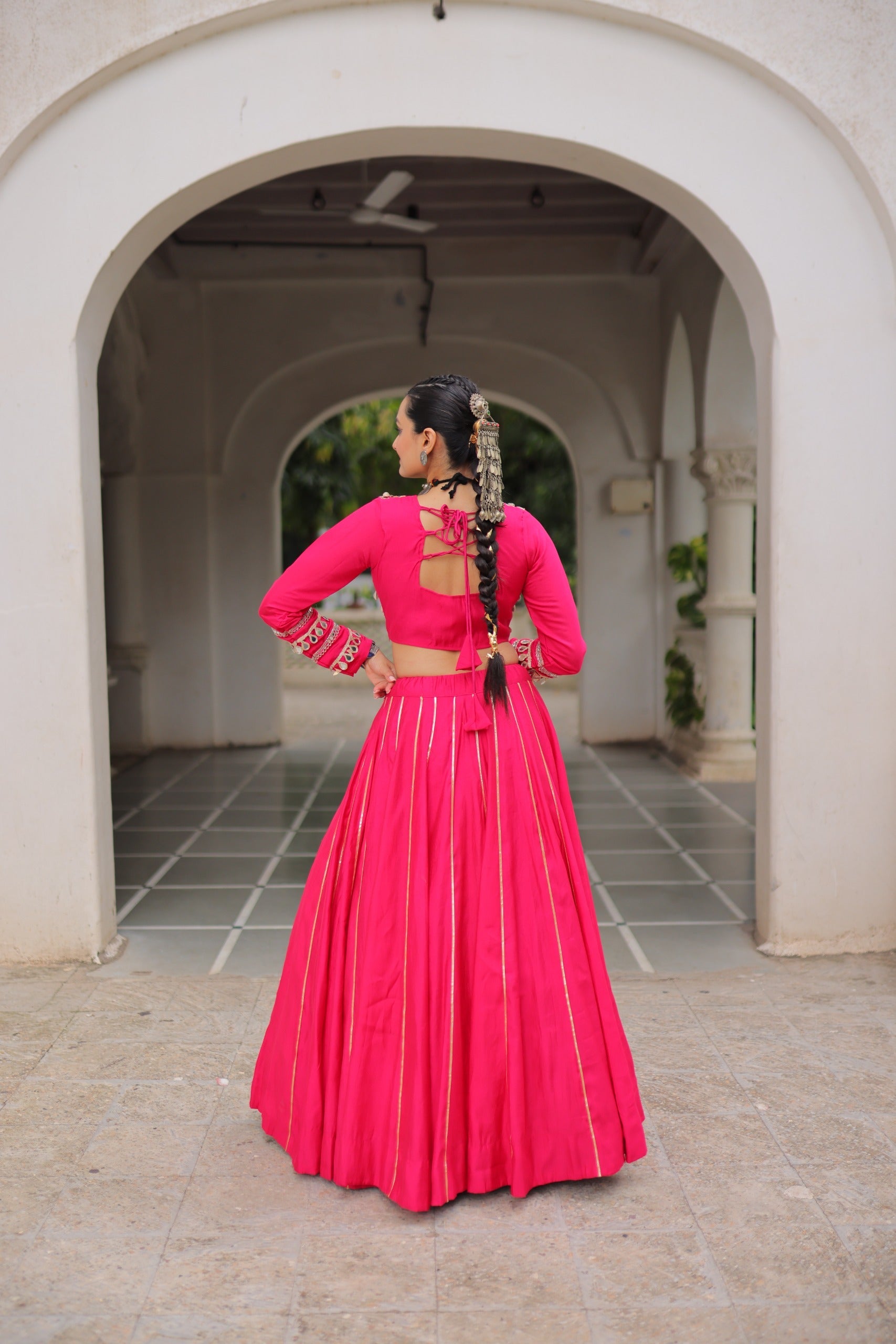 Lorenvalley Fashion Pink Roman Silk with Attractive Gota-Patti Lace Lehenga Choli | Swadesiicart