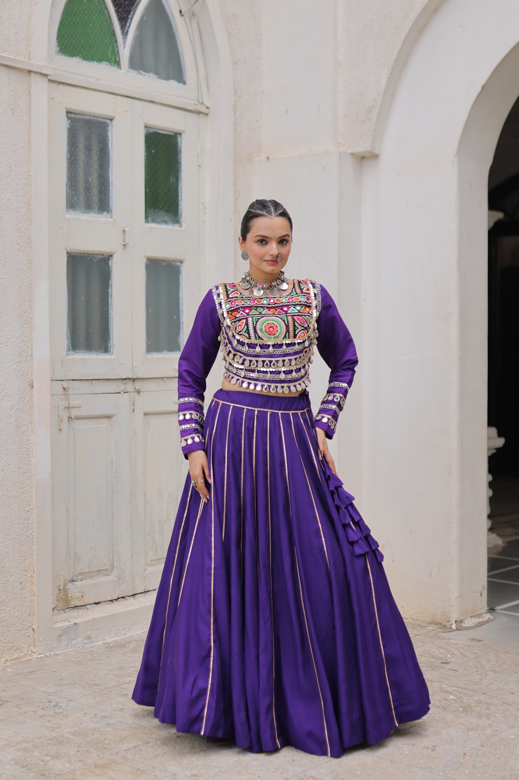Lorenvalley Fashion Purple Roman Silk with Attractive Gota-Patti Lace Lehenga Choli | Swadesiicart