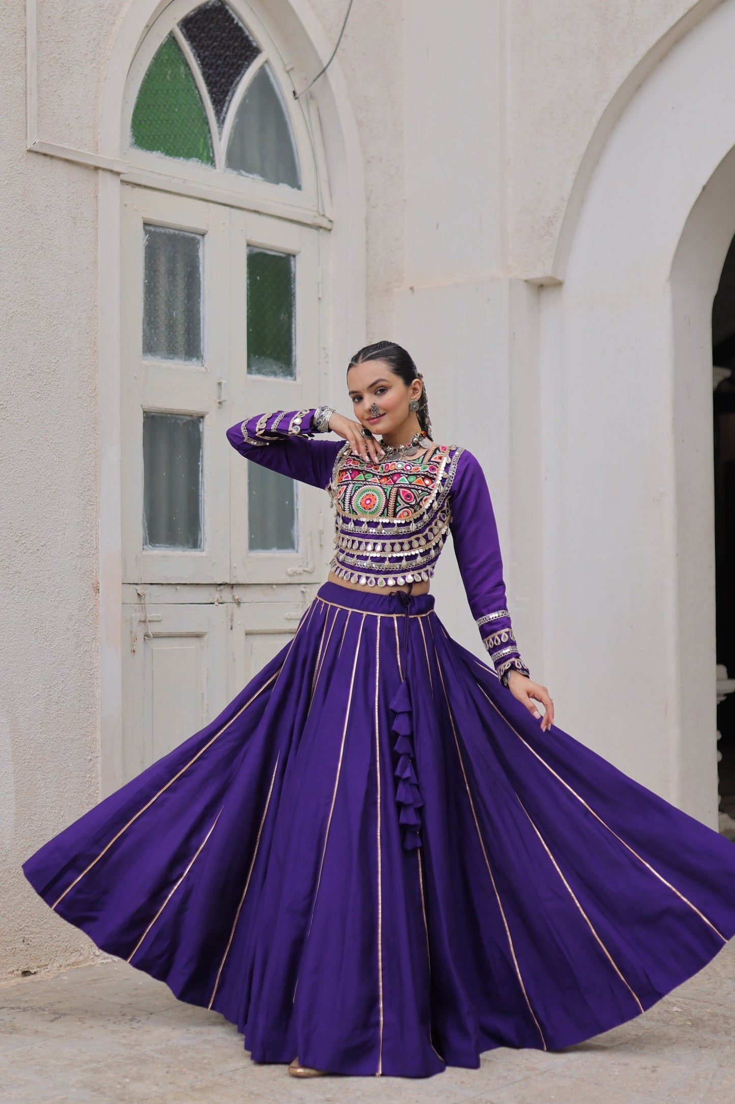 Lorenvalley Fashion Purple Roman Silk with Attractive Gota-Patti Lace Lehenga Choli | Swadesiicart