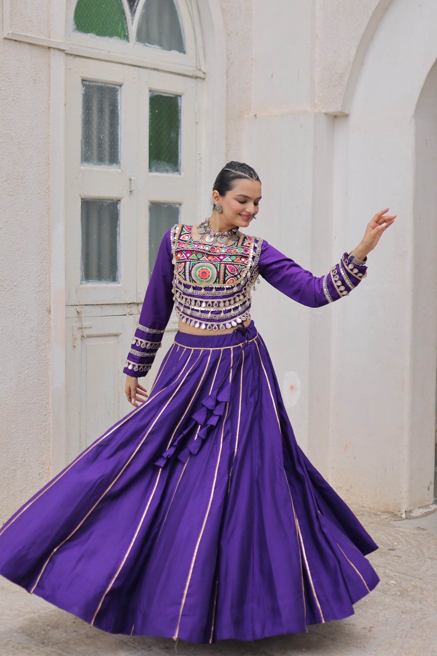 Lorenvalley Fashion Purple Roman Silk with Attractive Gota-Patti Lace Lehenga Choli | Swadesiicart