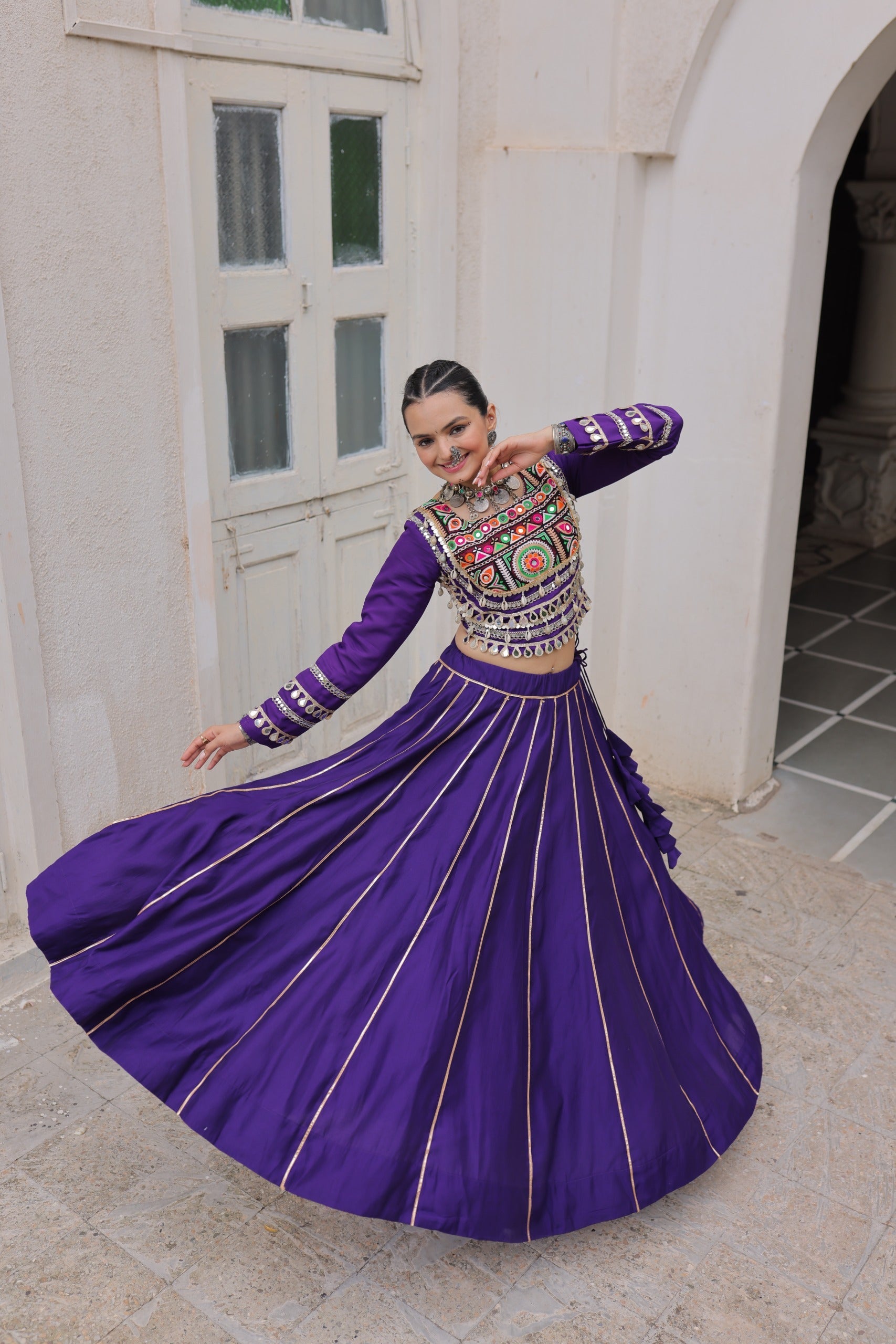 Lorenvalley Fashion Purple Roman Silk with Attractive Gota-Patti Lace Lehenga Choli | Swadesiicart