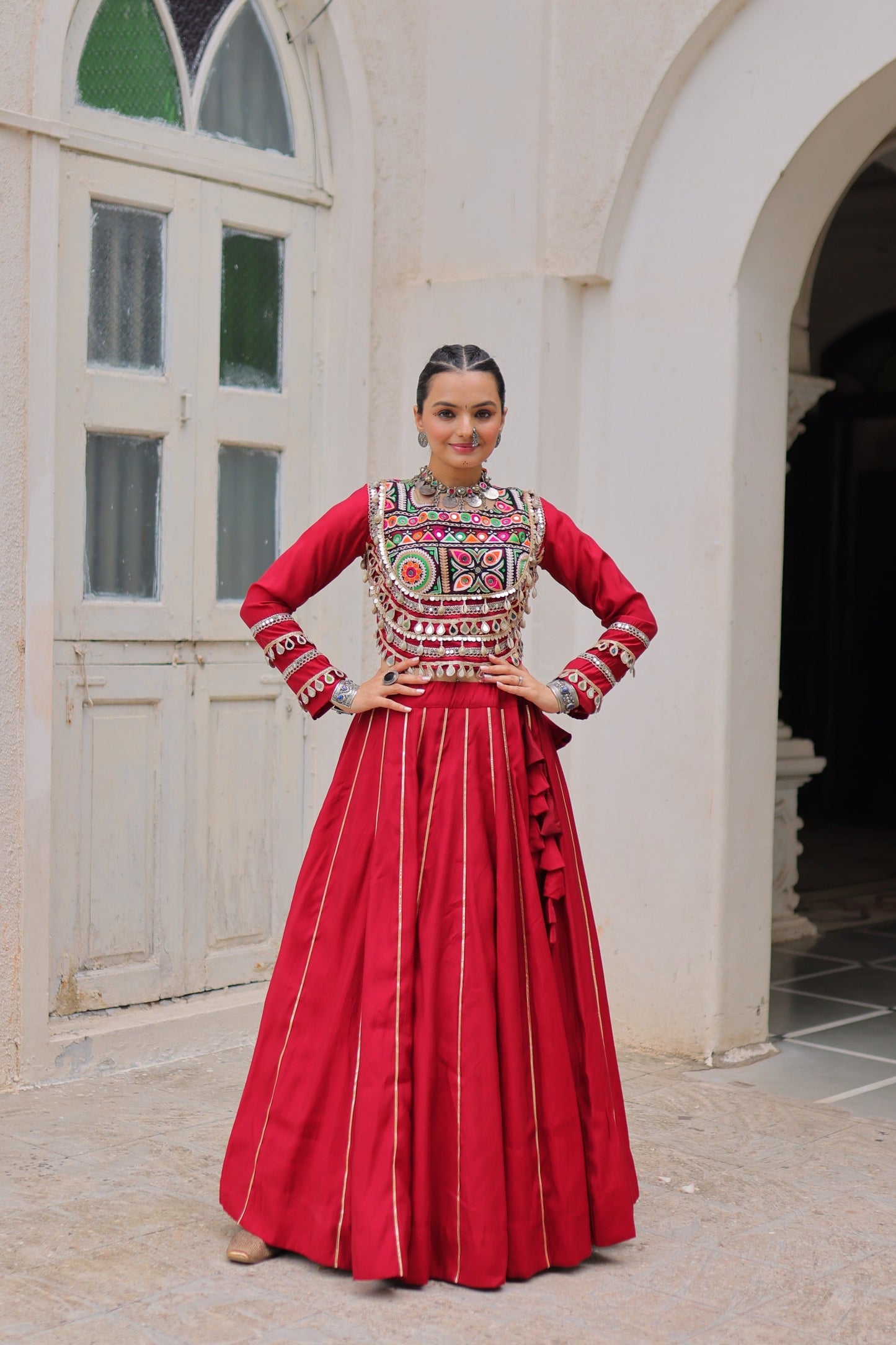 Lorenvalley Fashion Red Roman Silk with Attractive Gota-Patti Lace Lehenga Choli | Swadesiicart