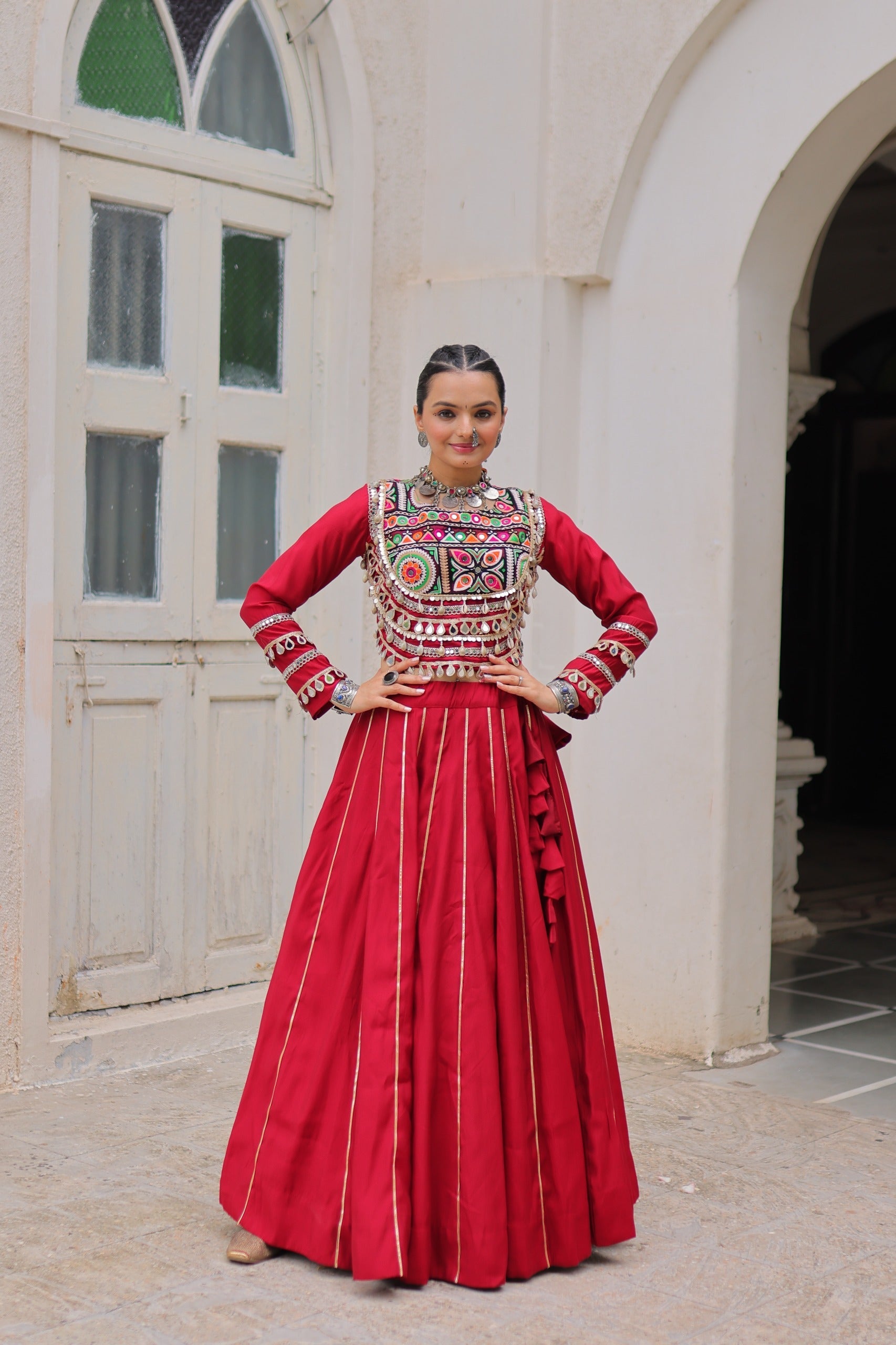Lorenvalley Fashion Red Roman Silk with Attractive Gota-Patti Lace Lehenga Choli | Swadesiicart