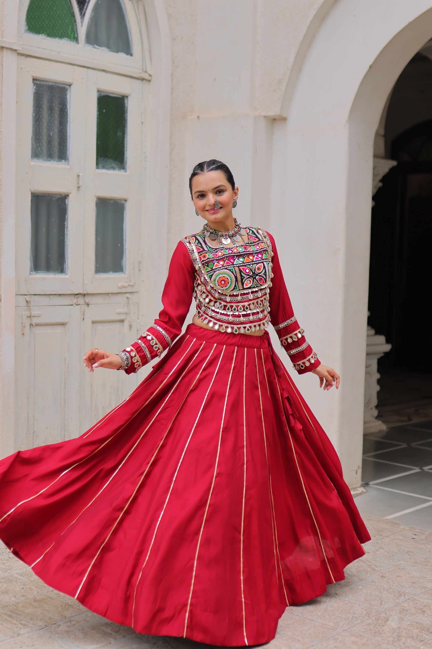 Lorenvalley Fashion Red Roman Silk with Attractive Gota-Patti Lace Lehenga Choli | Swadesiicart