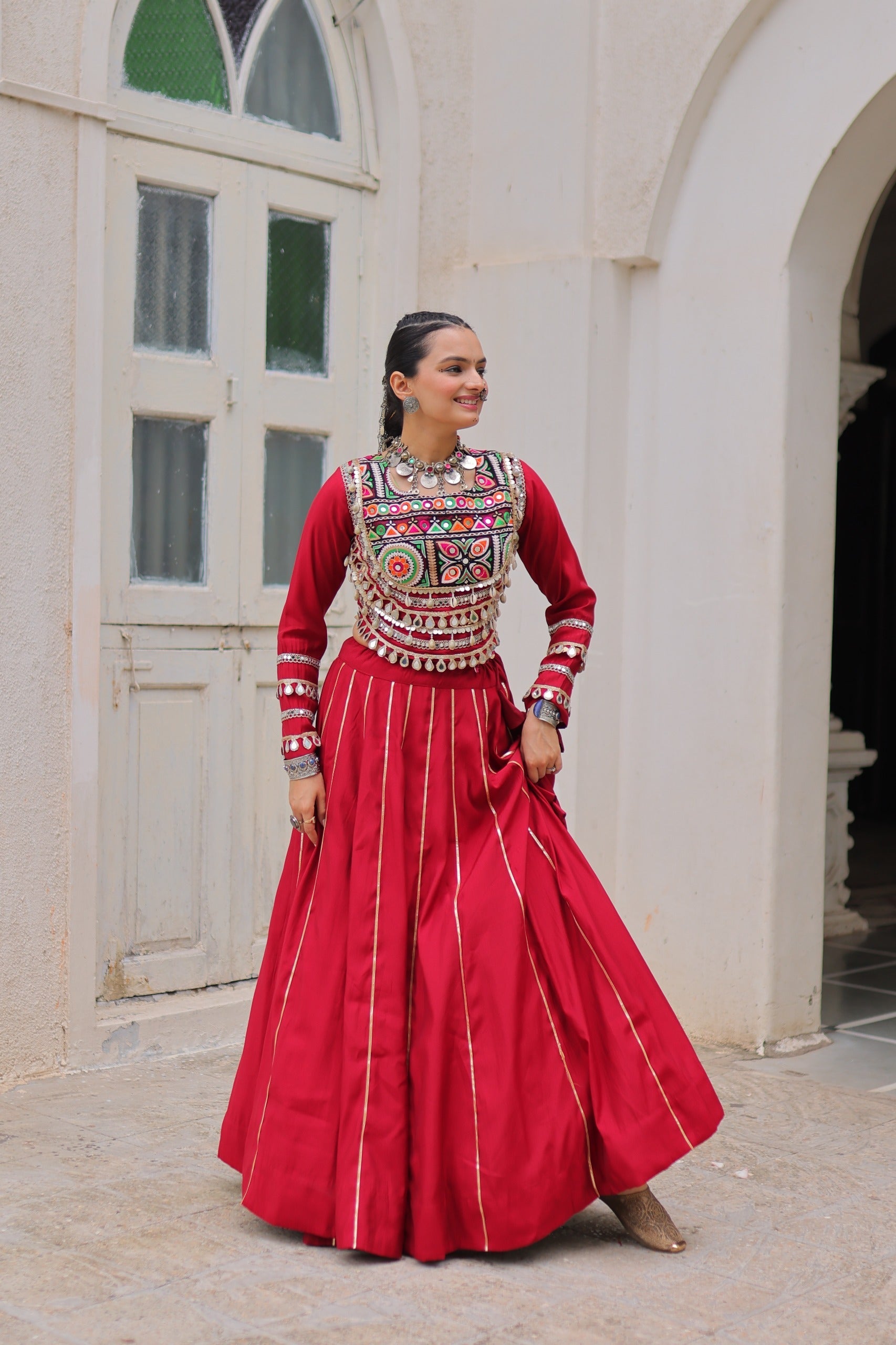 Lorenvalley Fashion Red Roman Silk with Attractive Gota-Patti Lace Lehenga Choli | Swadesiicart