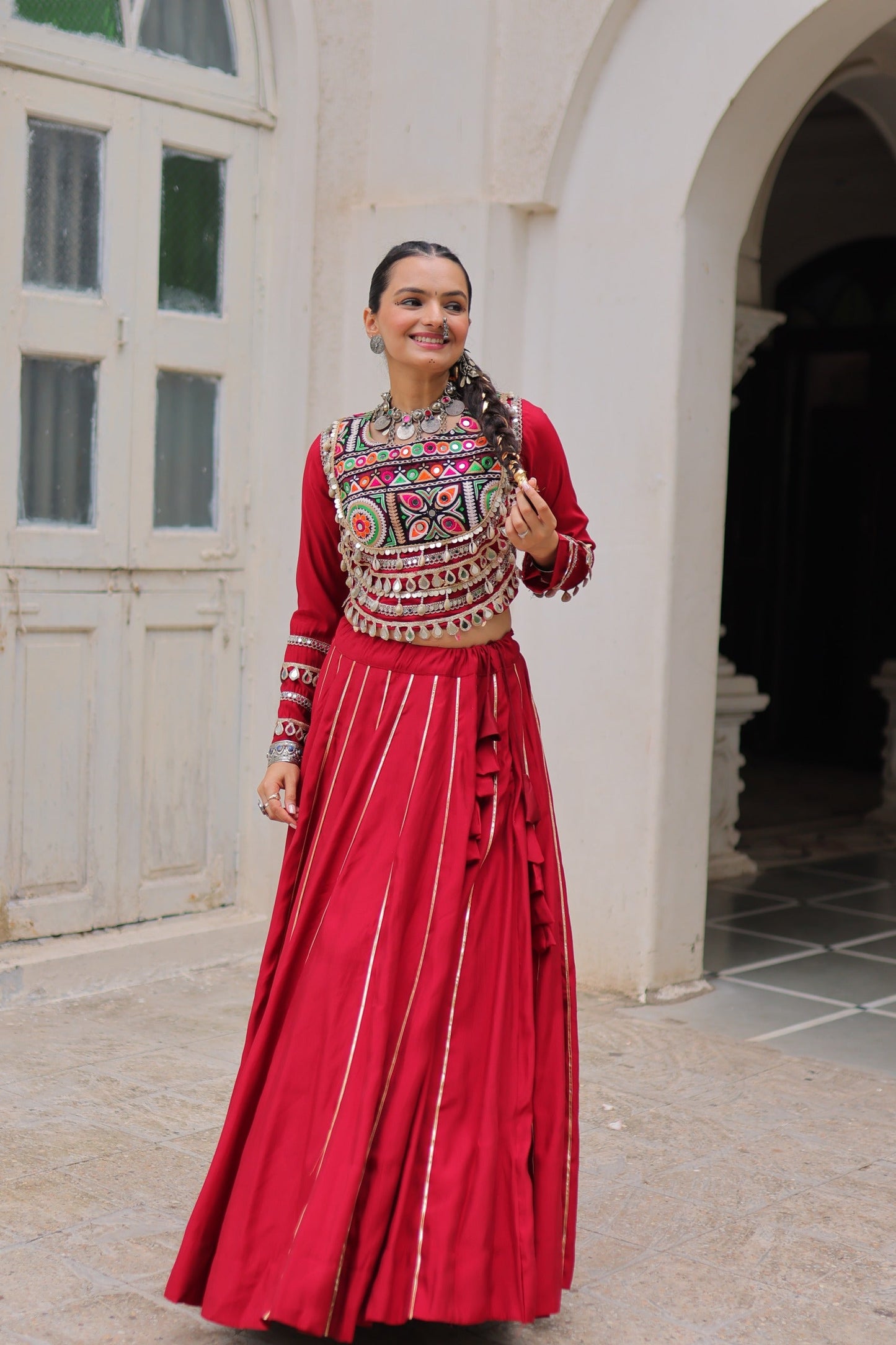 Lorenvalley Fashion Red Roman Silk with Attractive Gota-Patti Lace Lehenga Choli | Swadesiicart