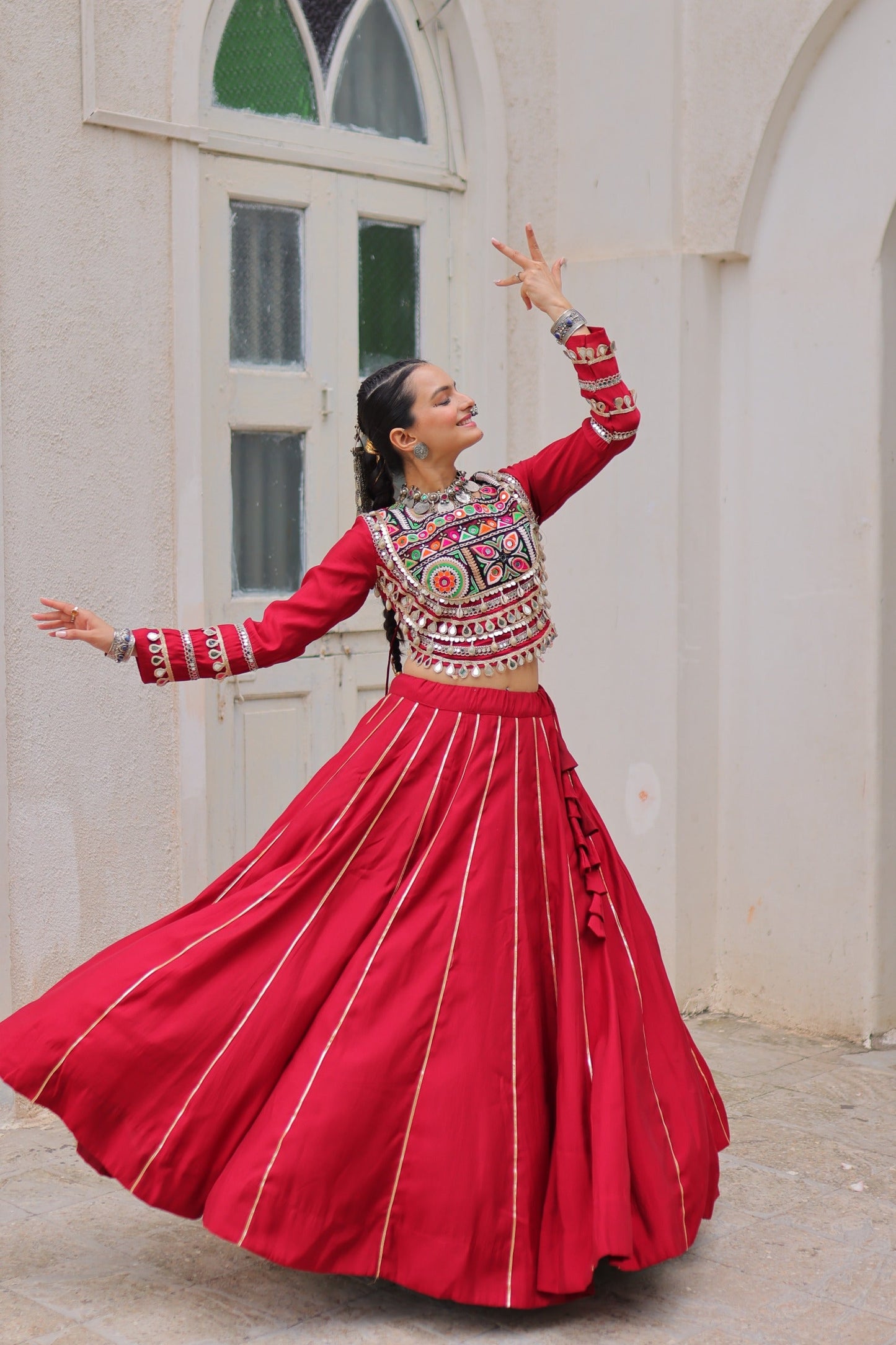 Lorenvalley Fashion Red Roman Silk with Attractive Gota-Patti Lace Lehenga Choli | Swadesiicart