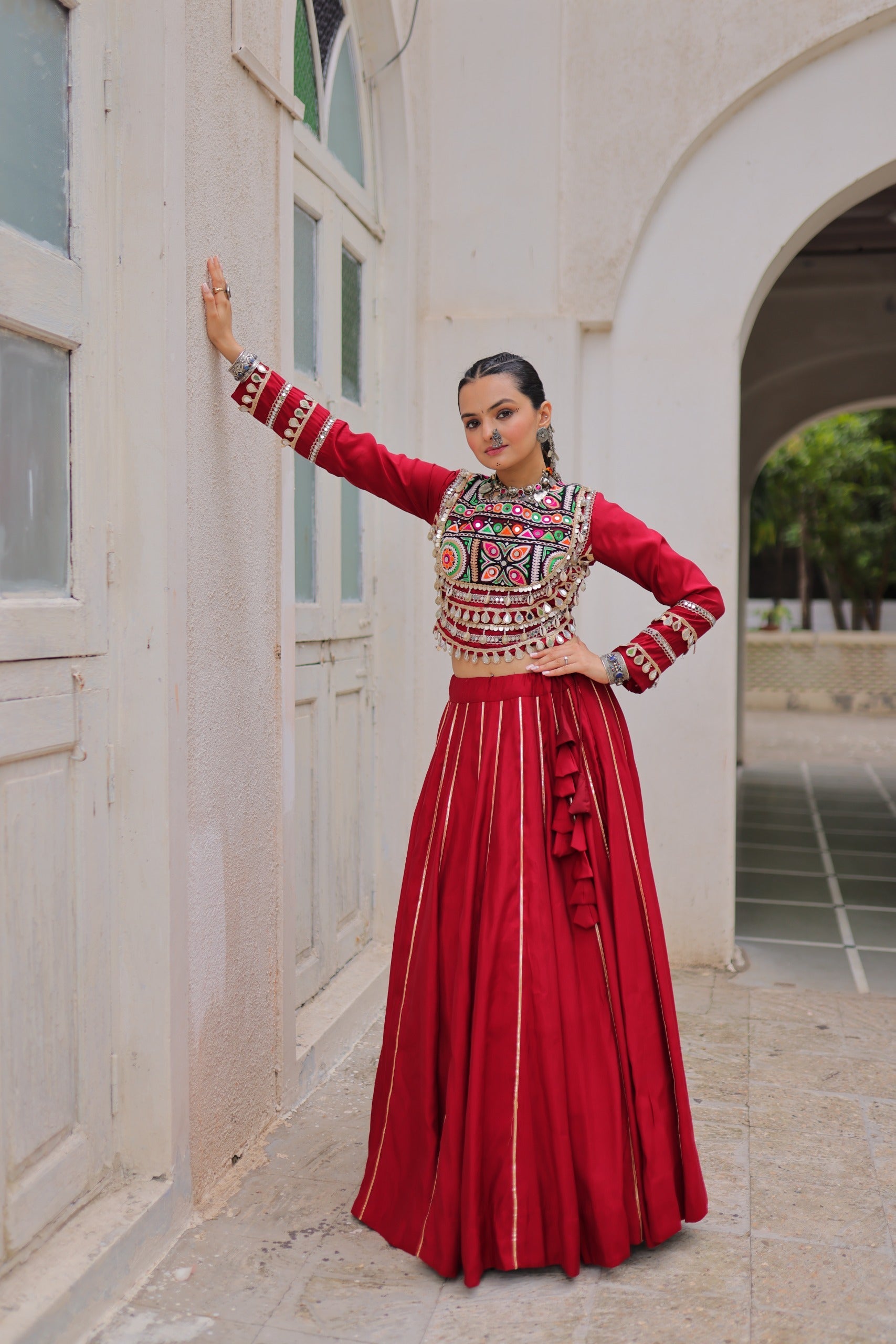 Lorenvalley Fashion Red Roman Silk with Attractive Gota-Patti Lace Lehenga Choli | Swadesiicart