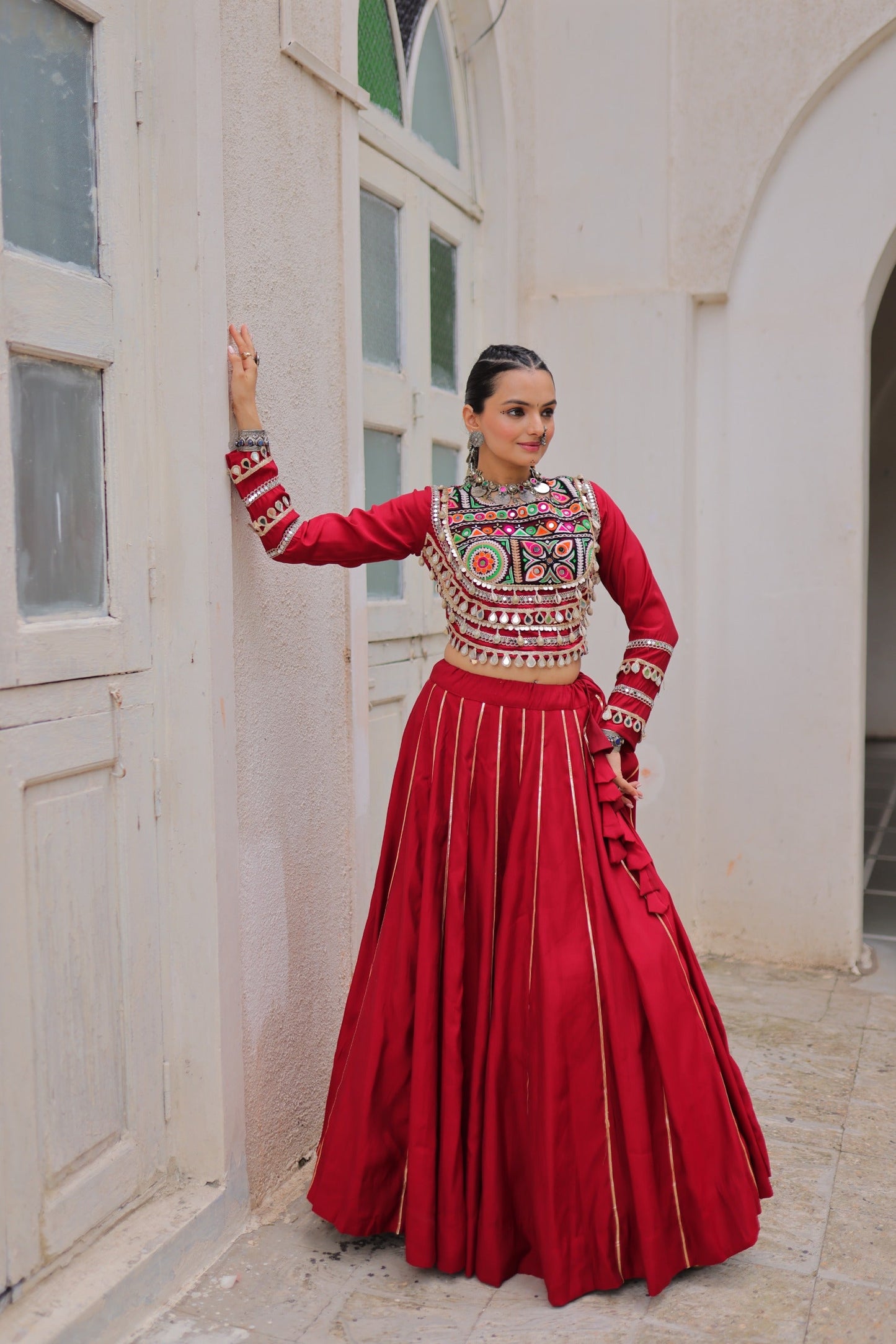 Lorenvalley Fashion Red Roman Silk with Attractive Gota-Patti Lace Lehenga Choli | Swadesiicart