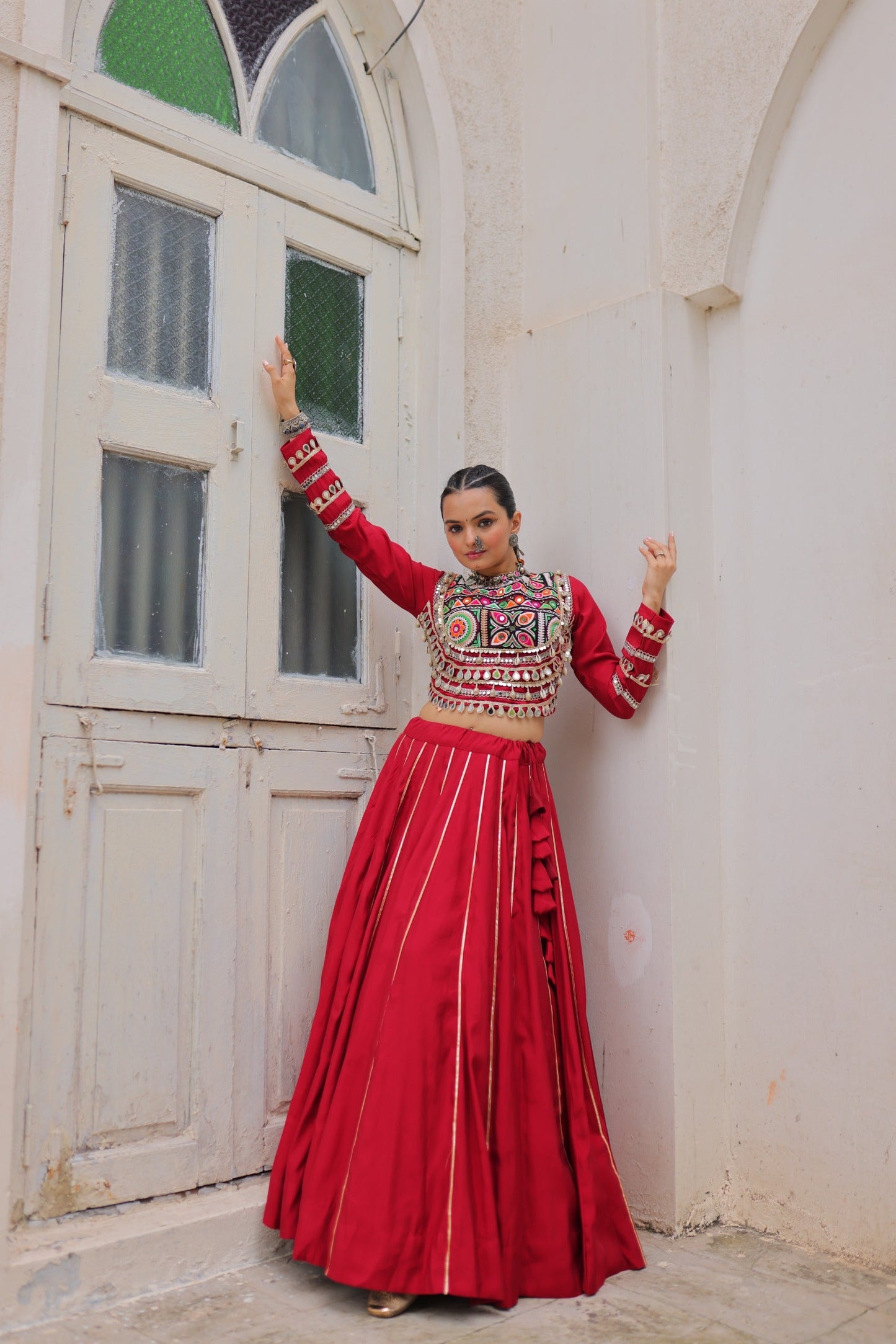 Lorenvalley Fashion Red Roman Silk with Attractive Gota-Patti Lace Lehenga Choli | Swadesiicart