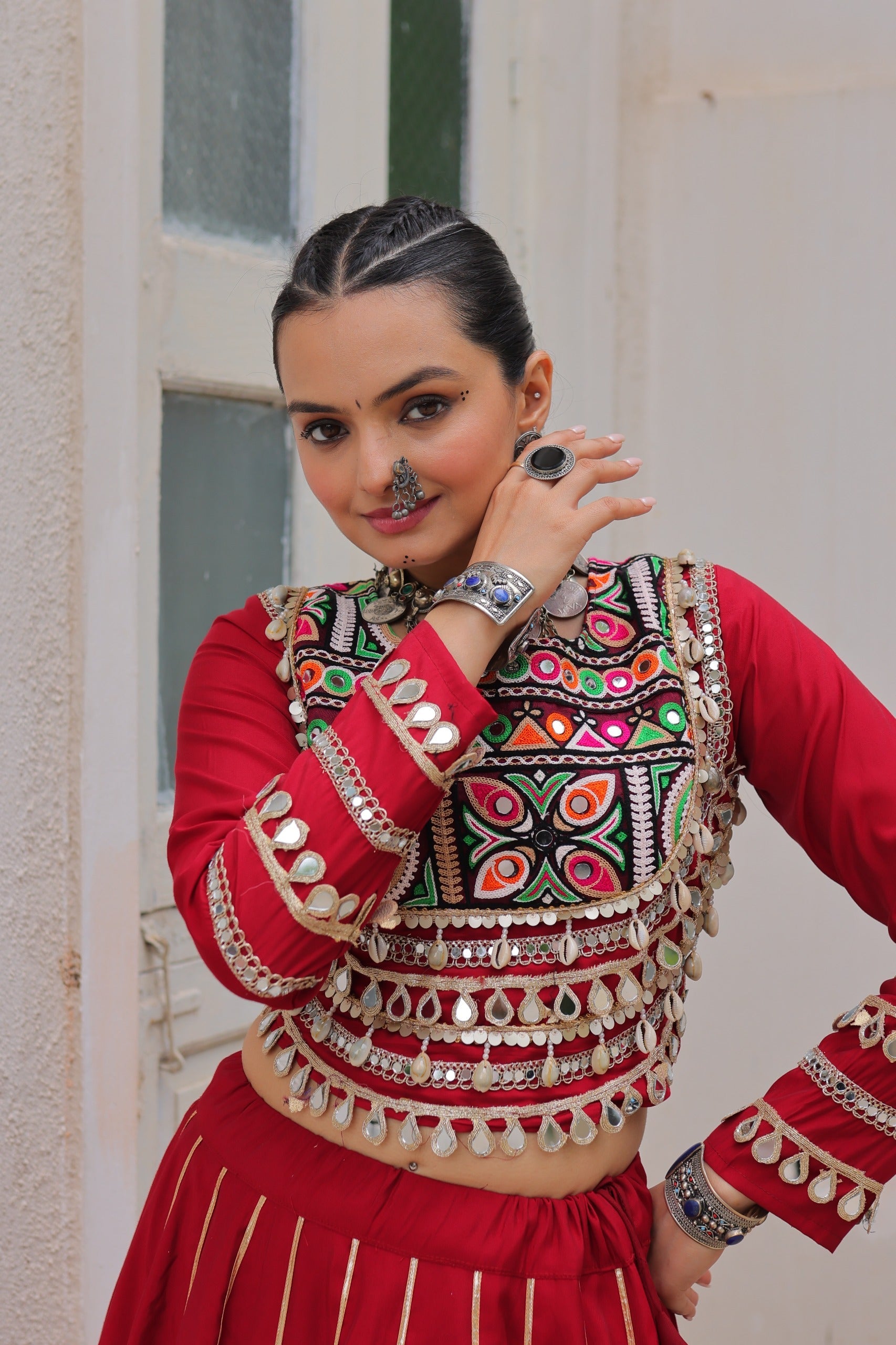 Lorenvalley Fashion Red Roman Silk with Attractive Gota-Patti Lace Lehenga Choli | Swadesiicart
