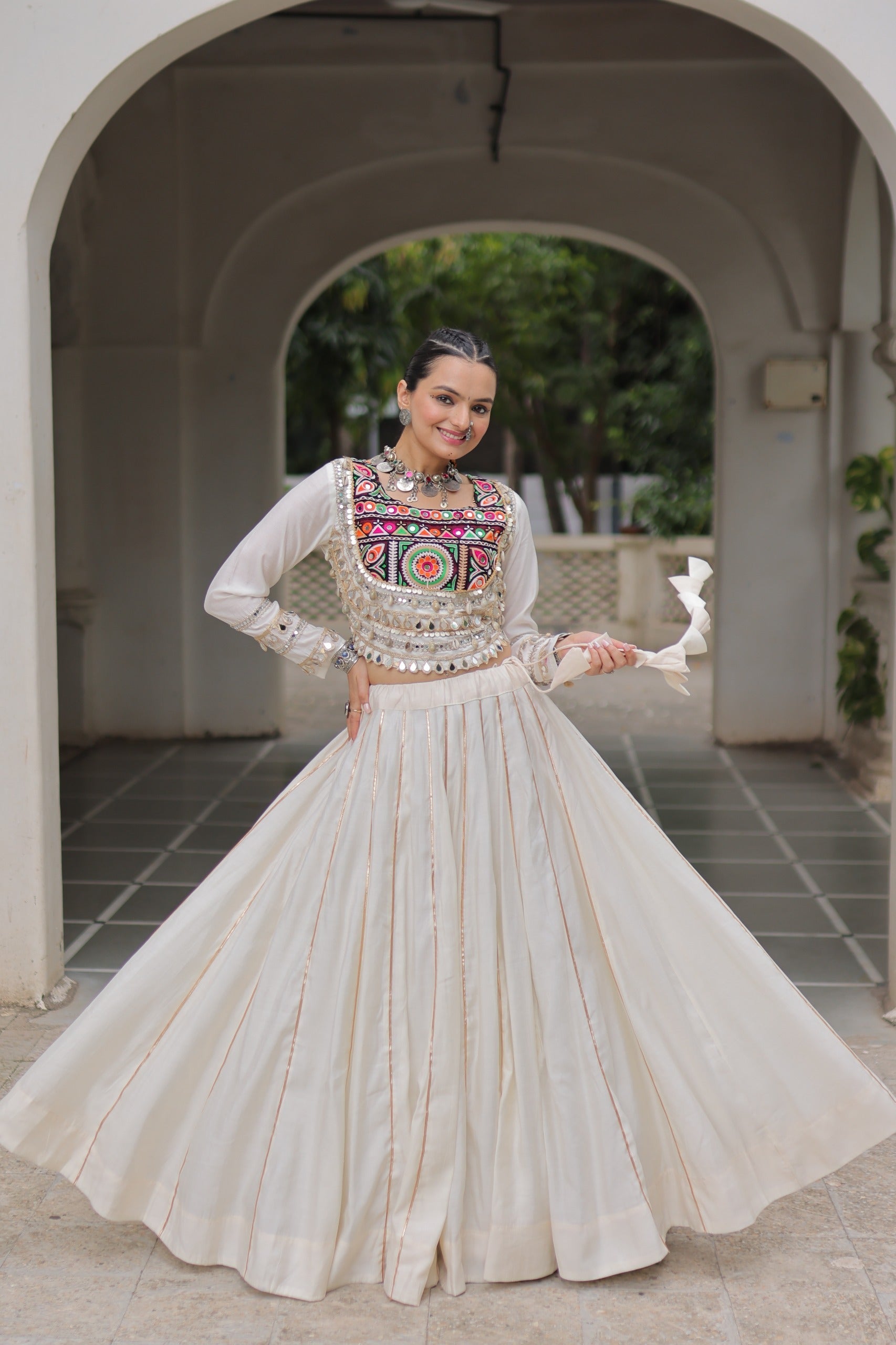 Lorenvalley Fashion White Roman Silk with Attractive Gota-Patti Lace Lehenga Choli | Swadesiicart