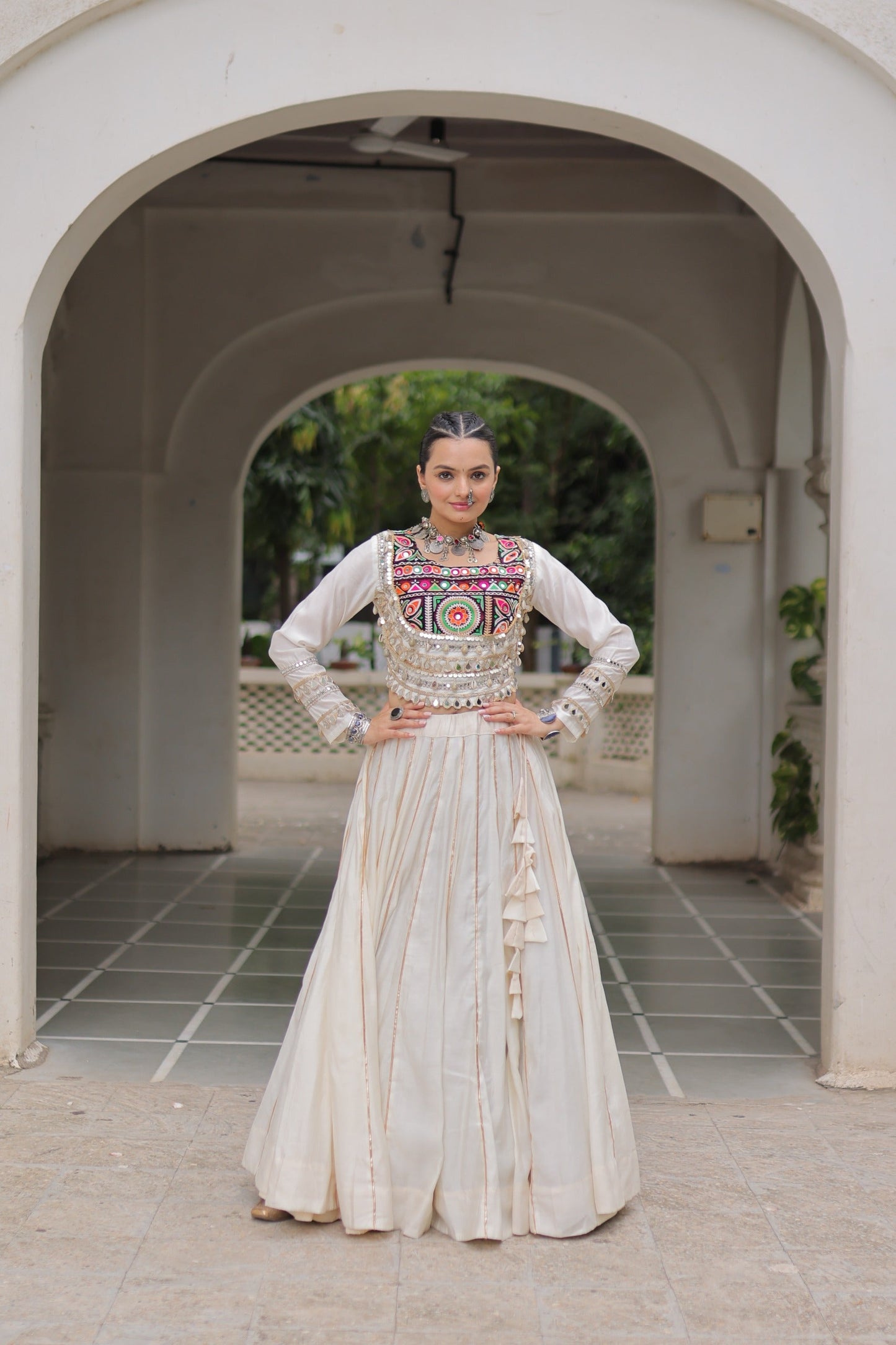 Lorenvalley Fashion White Roman Silk with Attractive Gota-Patti Lace Lehenga Choli | Swadesiicart