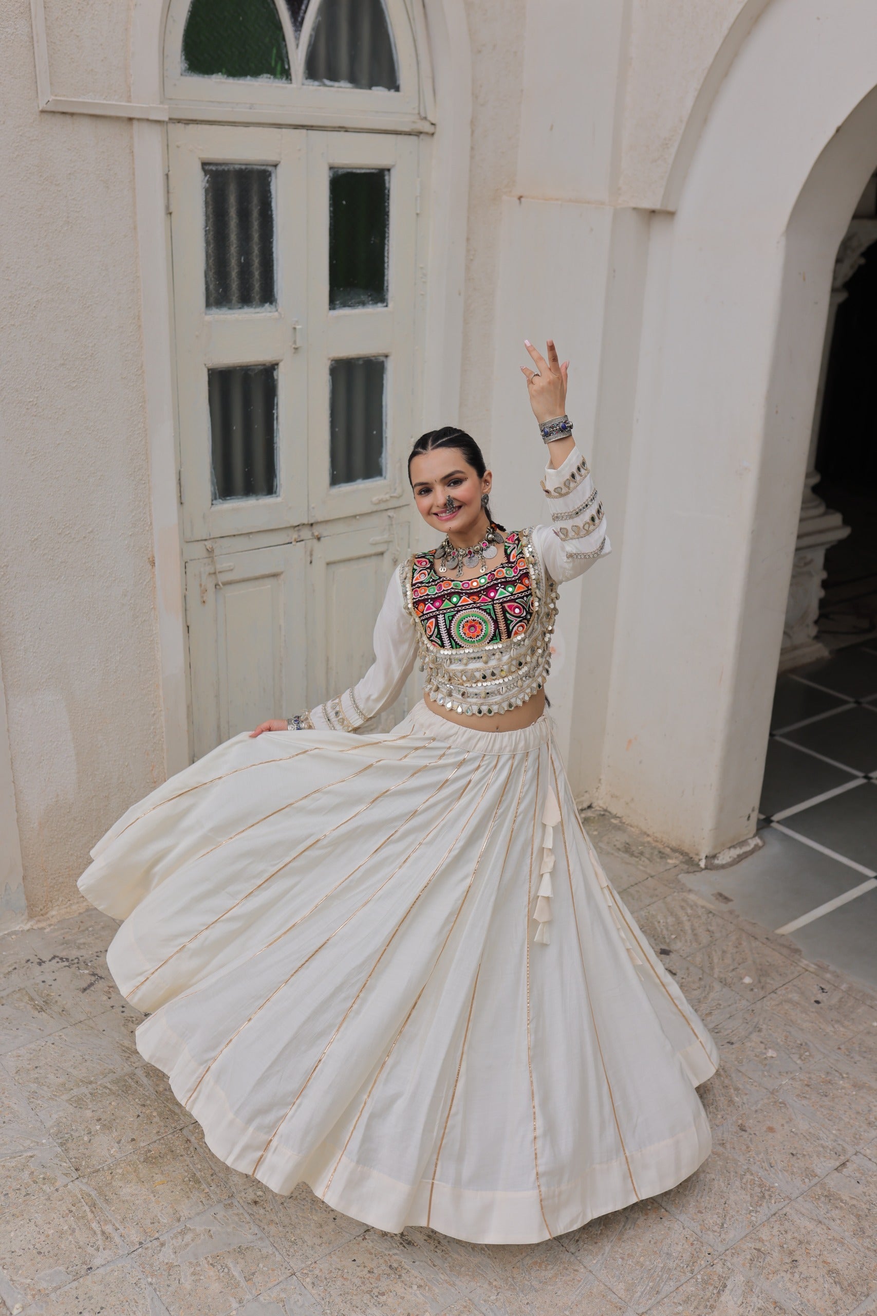 Lorenvalley Fashion White Roman Silk with Attractive Gota-Patti Lace Lehenga Choli | Swadesiicart