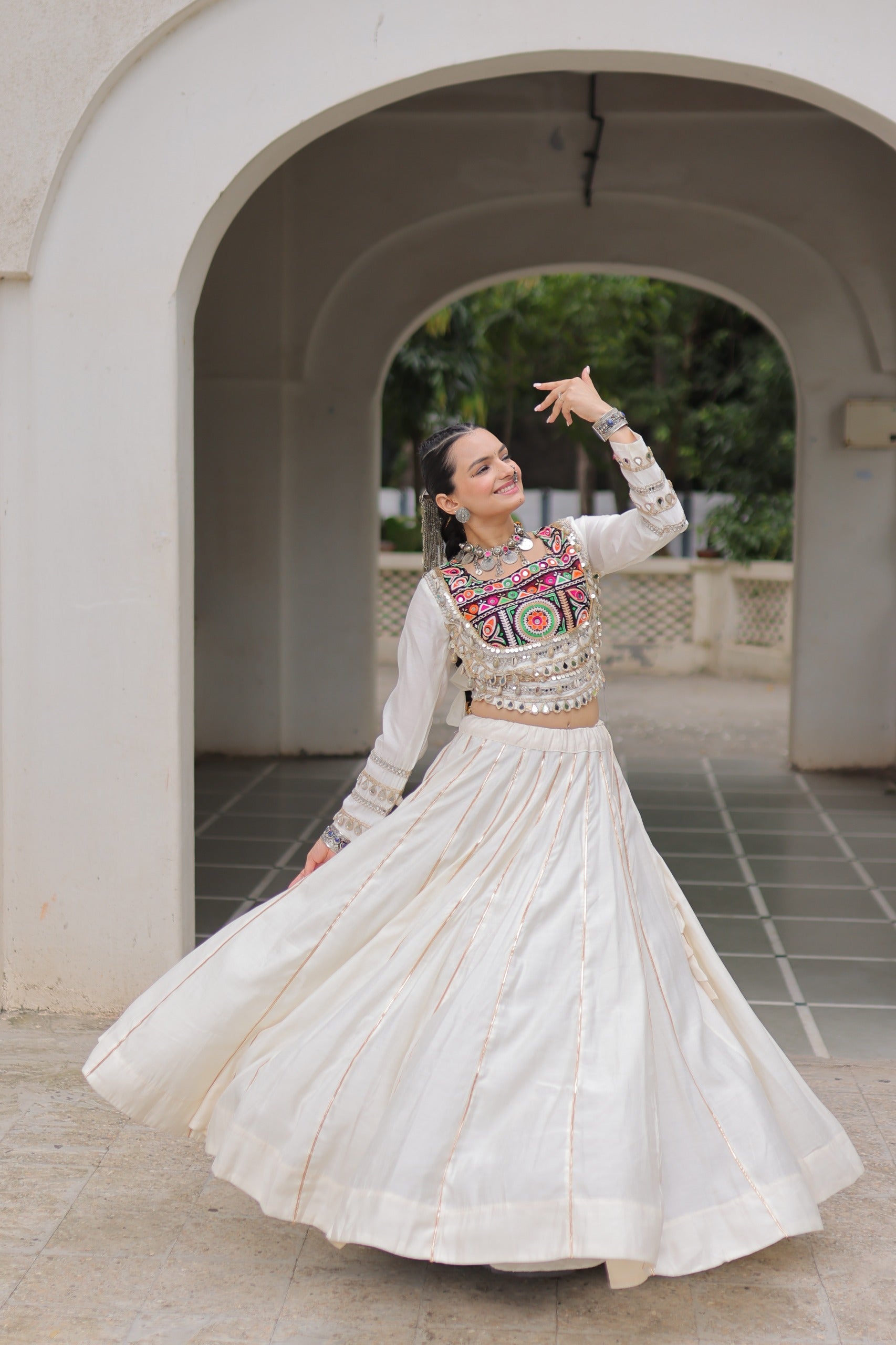 Lorenvalley Fashion White Roman Silk with Attractive Gota-Patti Lace Lehenga Choli | Swadesiicart