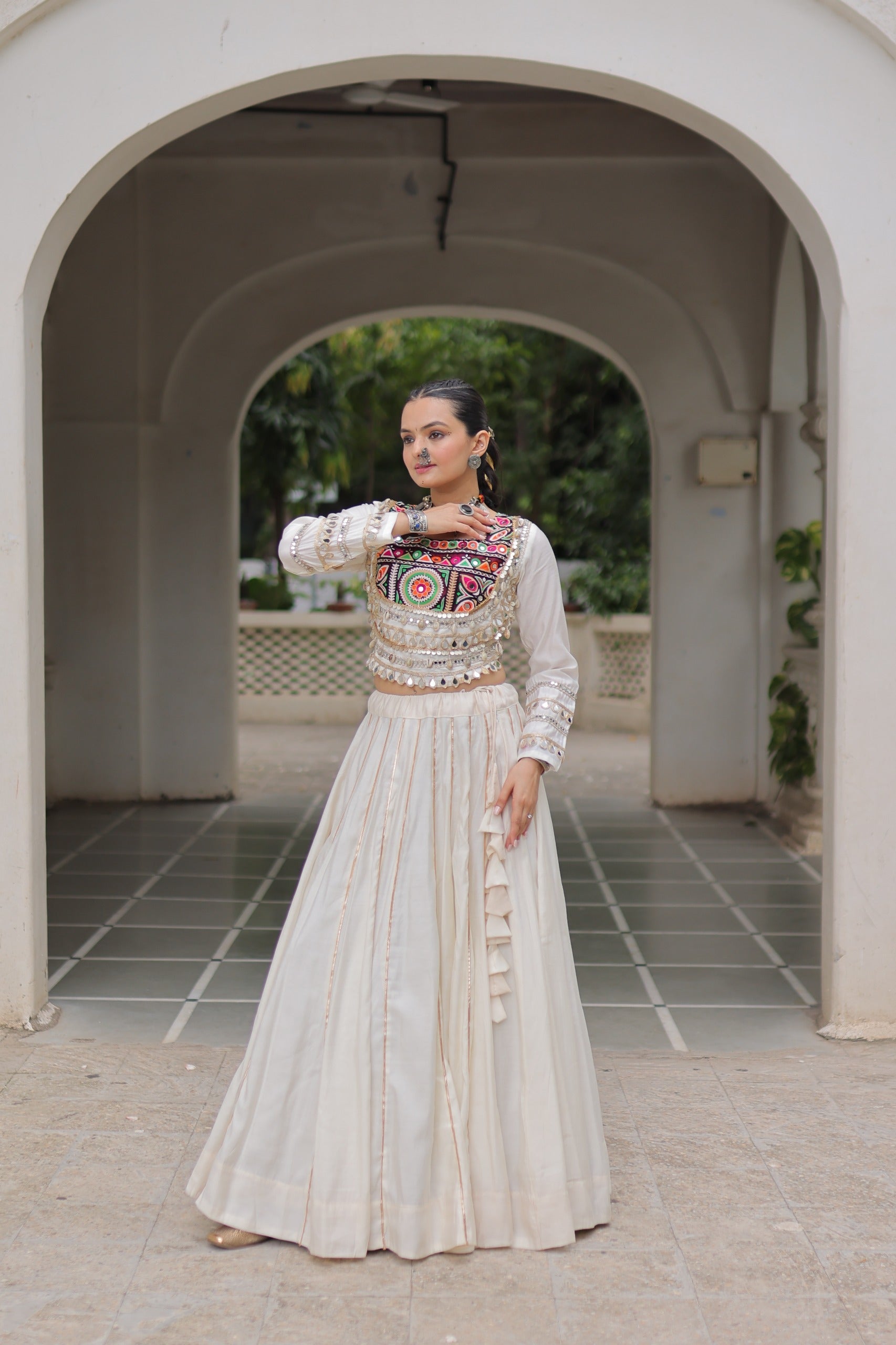 Lorenvalley Fashion White Roman Silk with Attractive Gota-Patti Lace Lehenga Choli | Swadesiicart