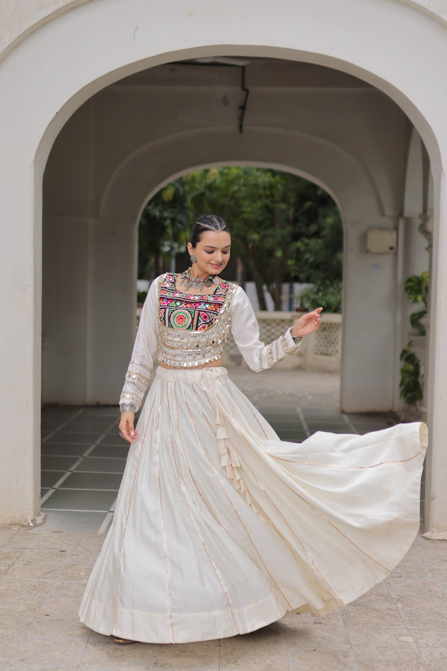 Lorenvalley Fashion White Roman Silk with Attractive Gota-Patti Lace Lehenga Choli | Swadesiicart