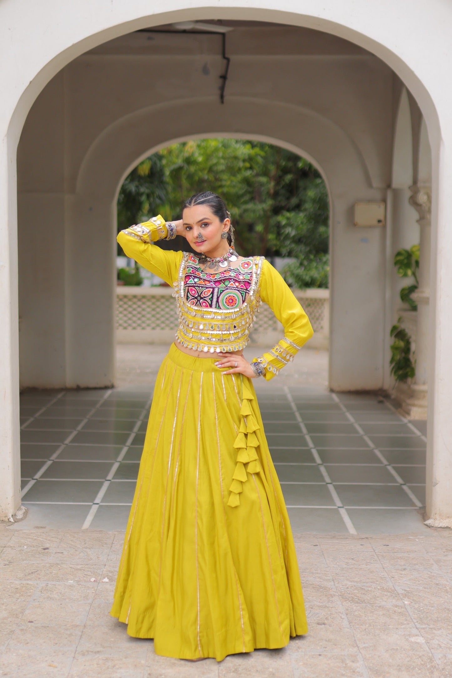 Lorenvalley Fashion Yellow Roman Silk with Attractive Gota-Patti Lace Lehenga Choli | Swadesiicart