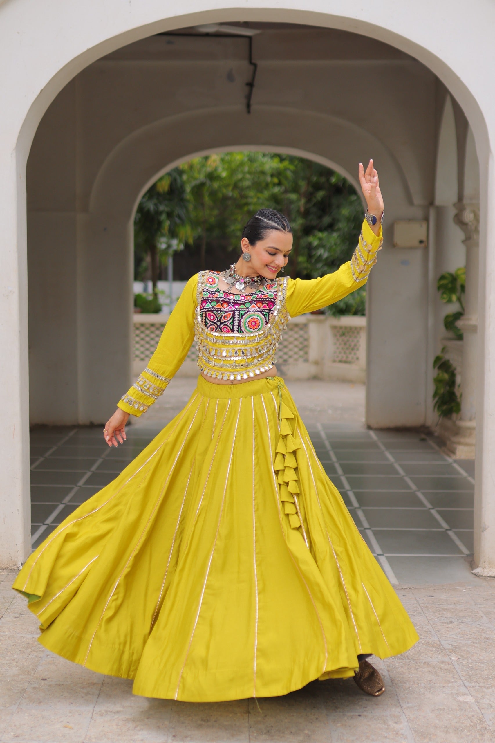 Lorenvalley Fashion Yellow Roman Silk with Attractive Gota-Patti Lace Lehenga Choli | Swadesiicart