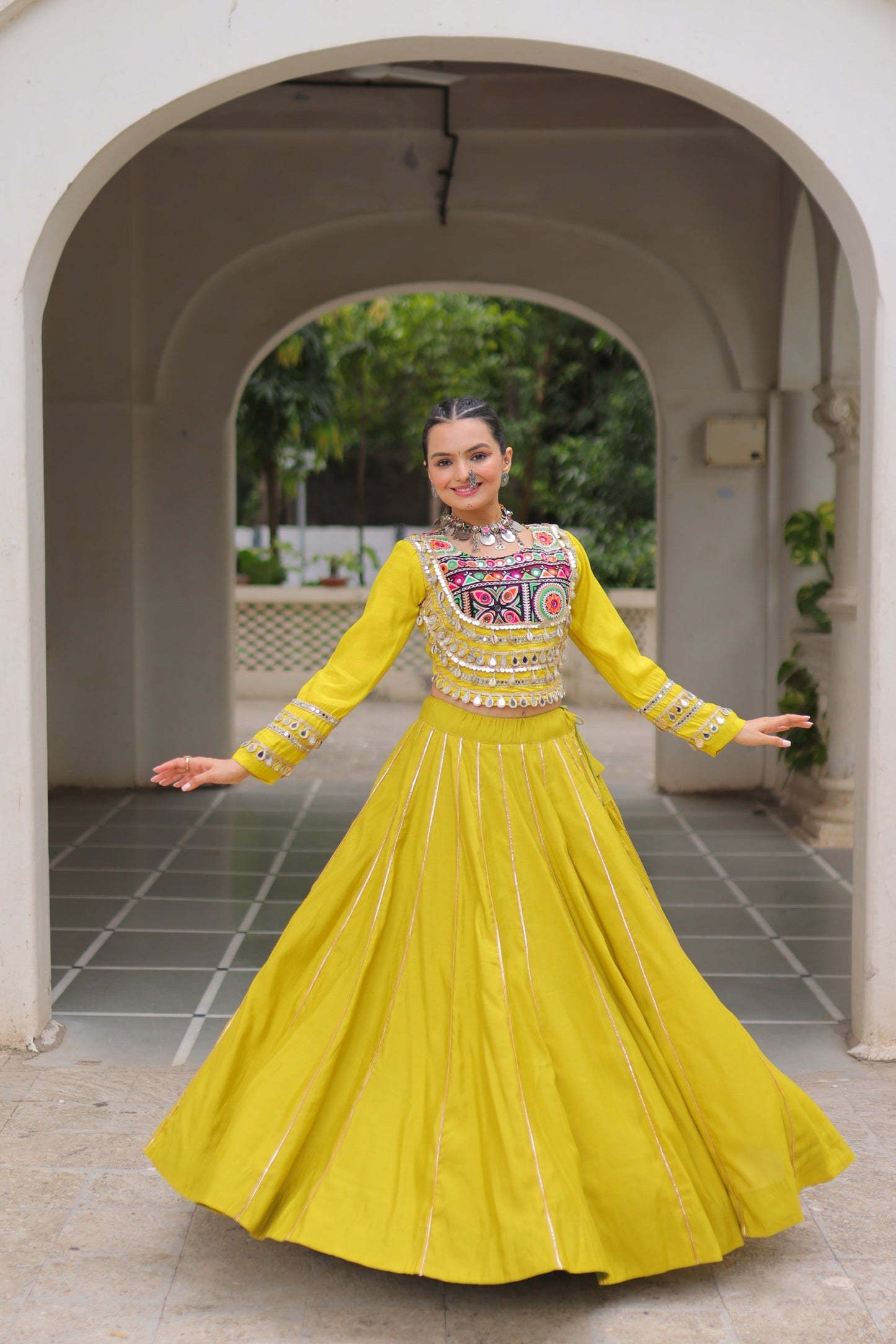 Lorenvalley Fashion Yellow Roman Silk with Attractive Gota-Patti Lace Lehenga Choli | Swadesiicart