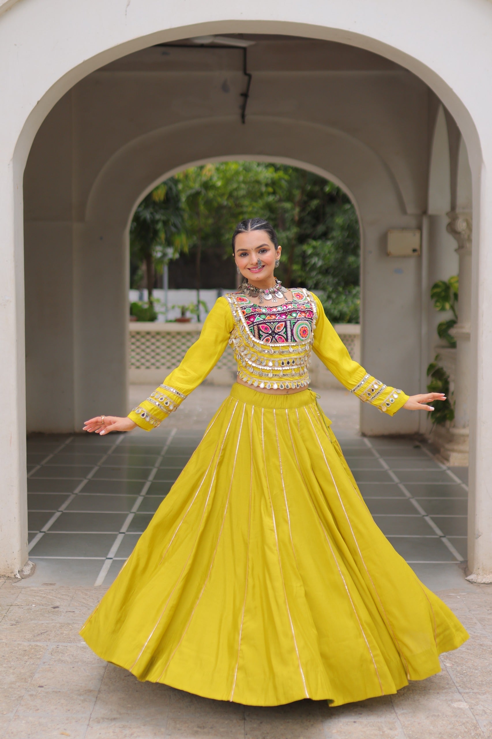 Lorenvalley Fashion Yellow Roman Silk with Attractive Gota-Patti Lace Lehenga Choli | Swadesiicart