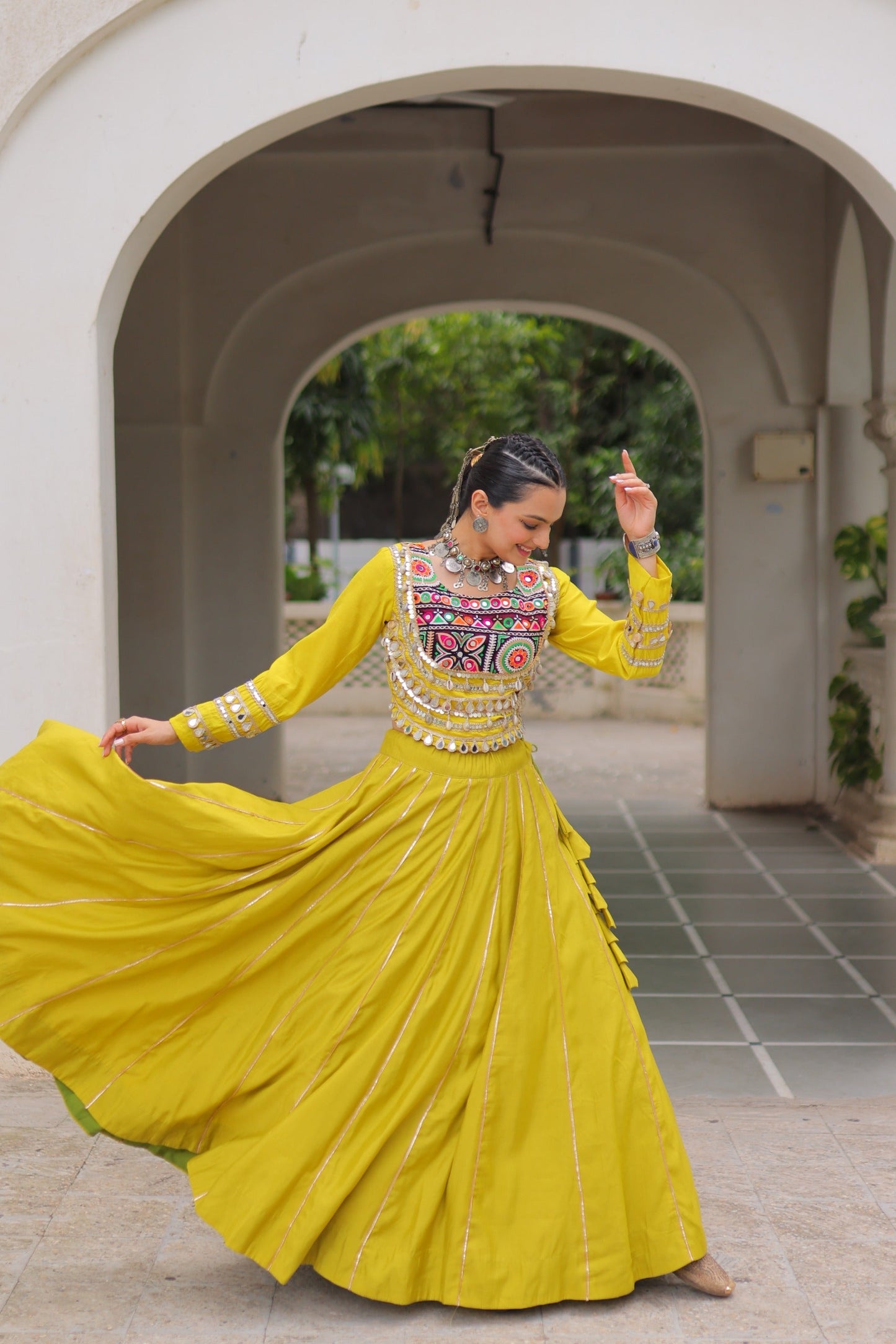 Lorenvalley Fashion Yellow Roman Silk with Attractive Gota-Patti Lace Lehenga Choli | Swadesiicart