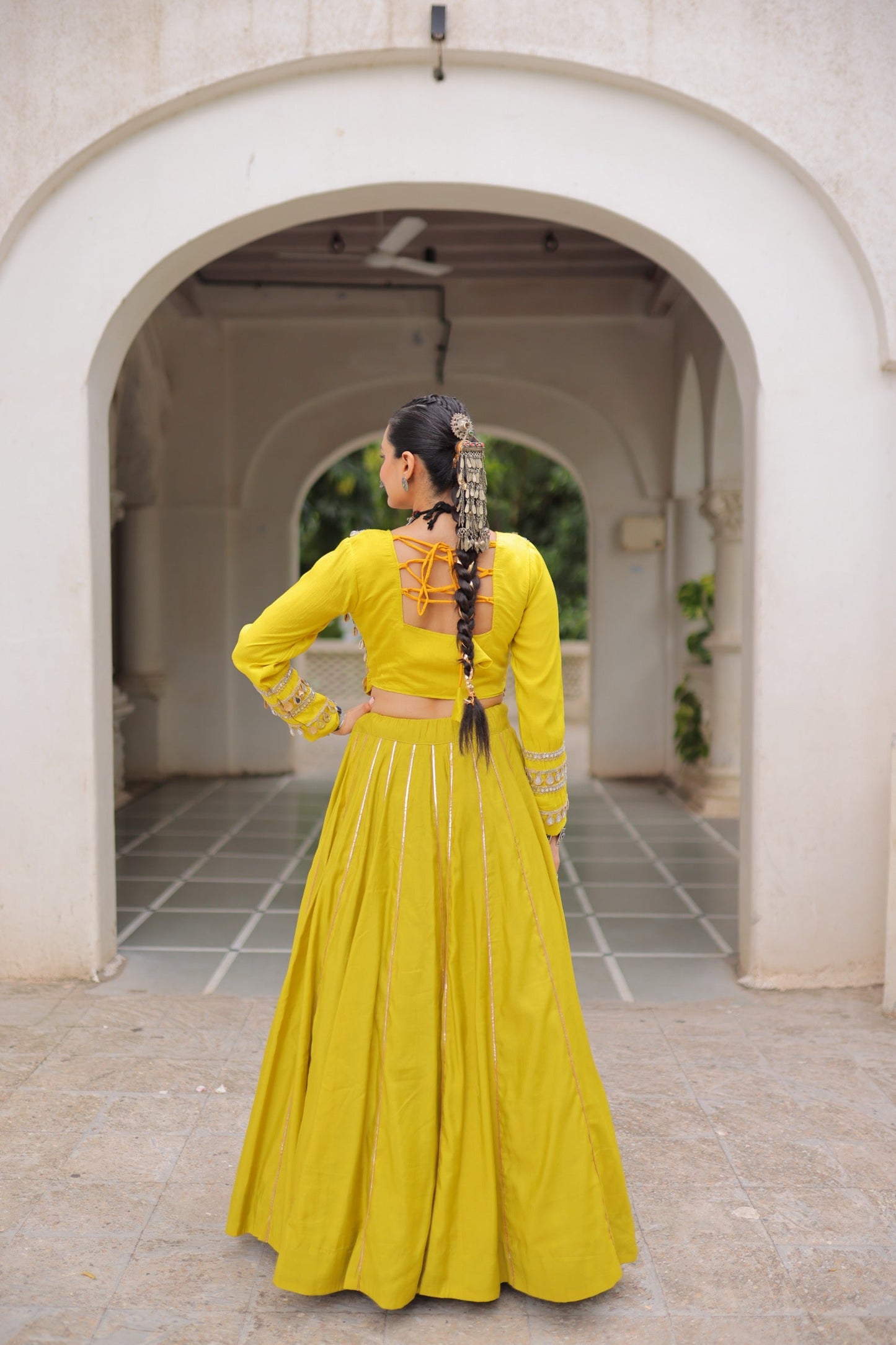 Lorenvalley Fashion Yellow Roman Silk with Attractive Gota-Patti Lace Lehenga Choli | Swadesiicart