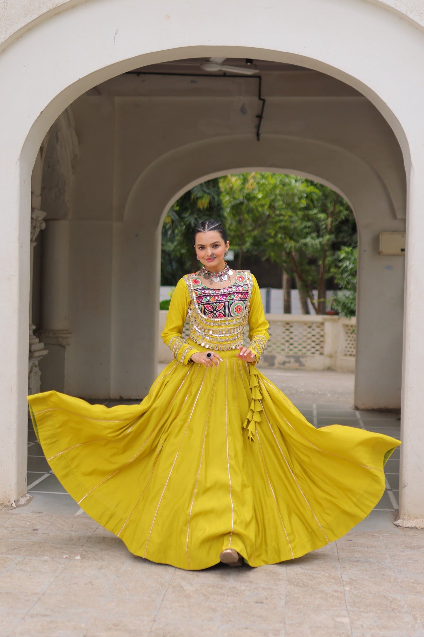 Lorenvalley Fashion Yellow Roman Silk with Attractive Gota-Patti Lace Lehenga Choli | Swadesiicart