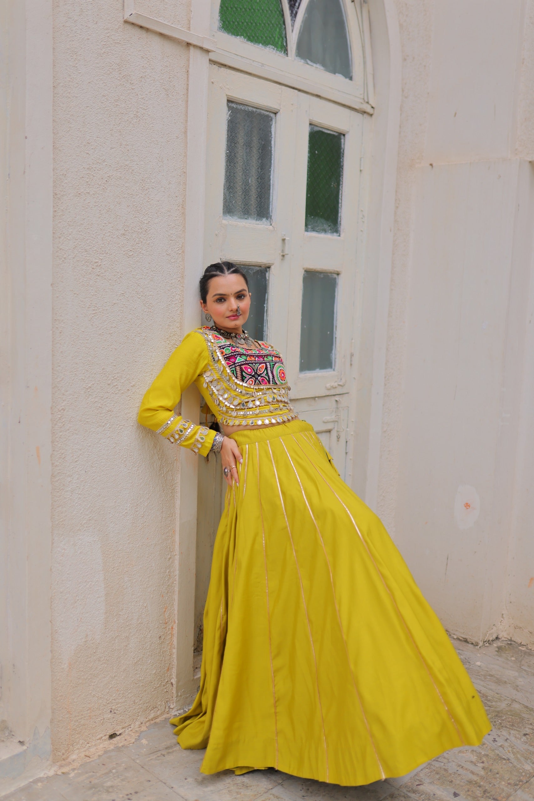 Lorenvalley Fashion Yellow Roman Silk with Attractive Gota-Patti Lace Lehenga Choli | Swadesiicart