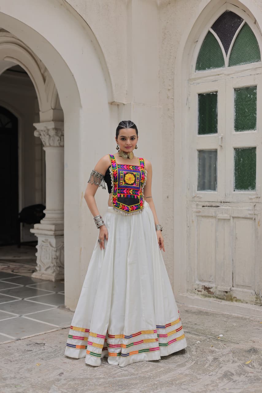 Lorenvalley Fashion White Roman Silk with Attractive Gota-Patti Lace Lehenga Choli | Swadesiicart