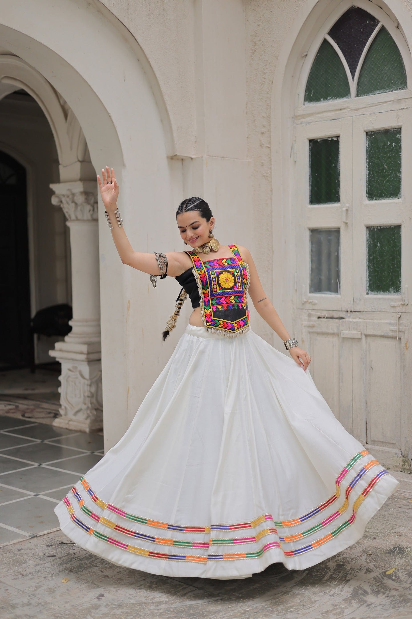 Lorenvalley Fashion White Roman Silk with Attractive Gota-Patti Lace Lehenga Choli | Swadesiicart