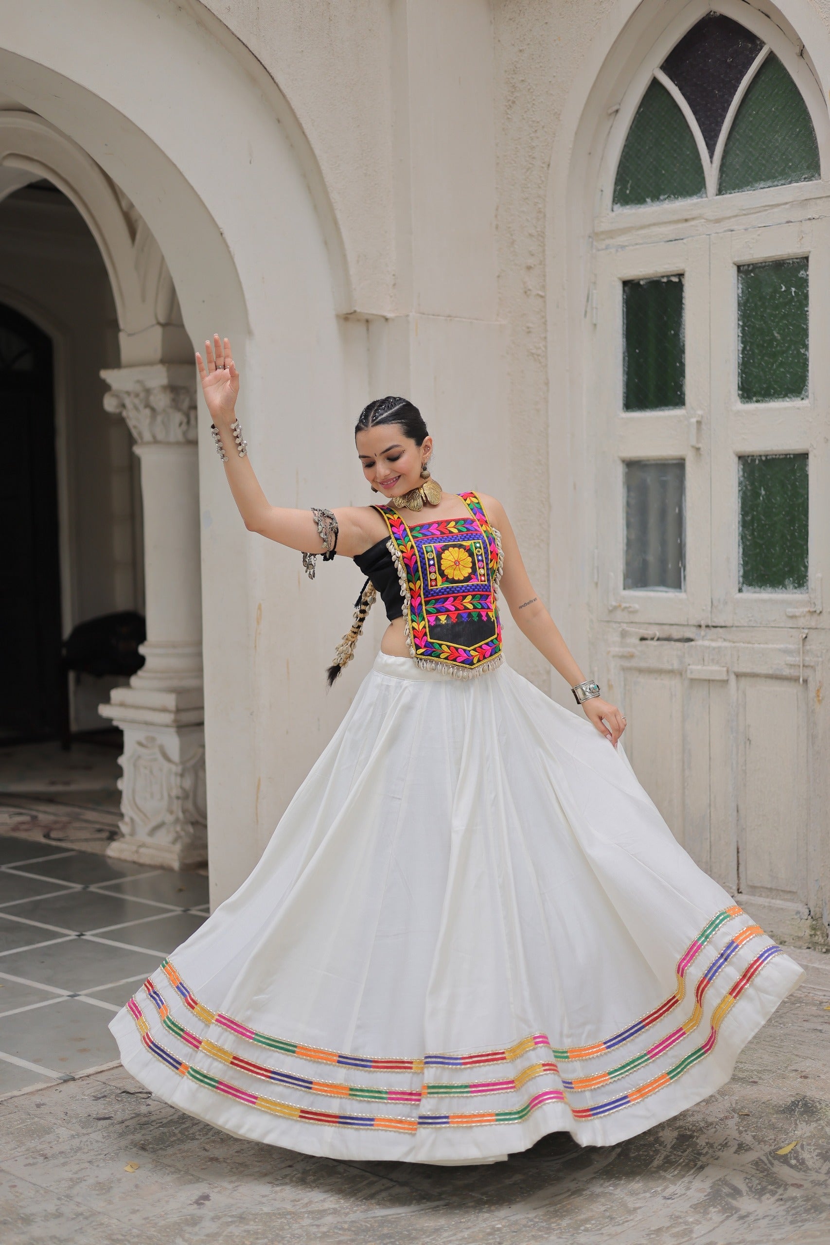 Lorenvalley Fashion White Roman Silk with Attractive Gota-Patti Lace Lehenga Choli | Swadesiicart