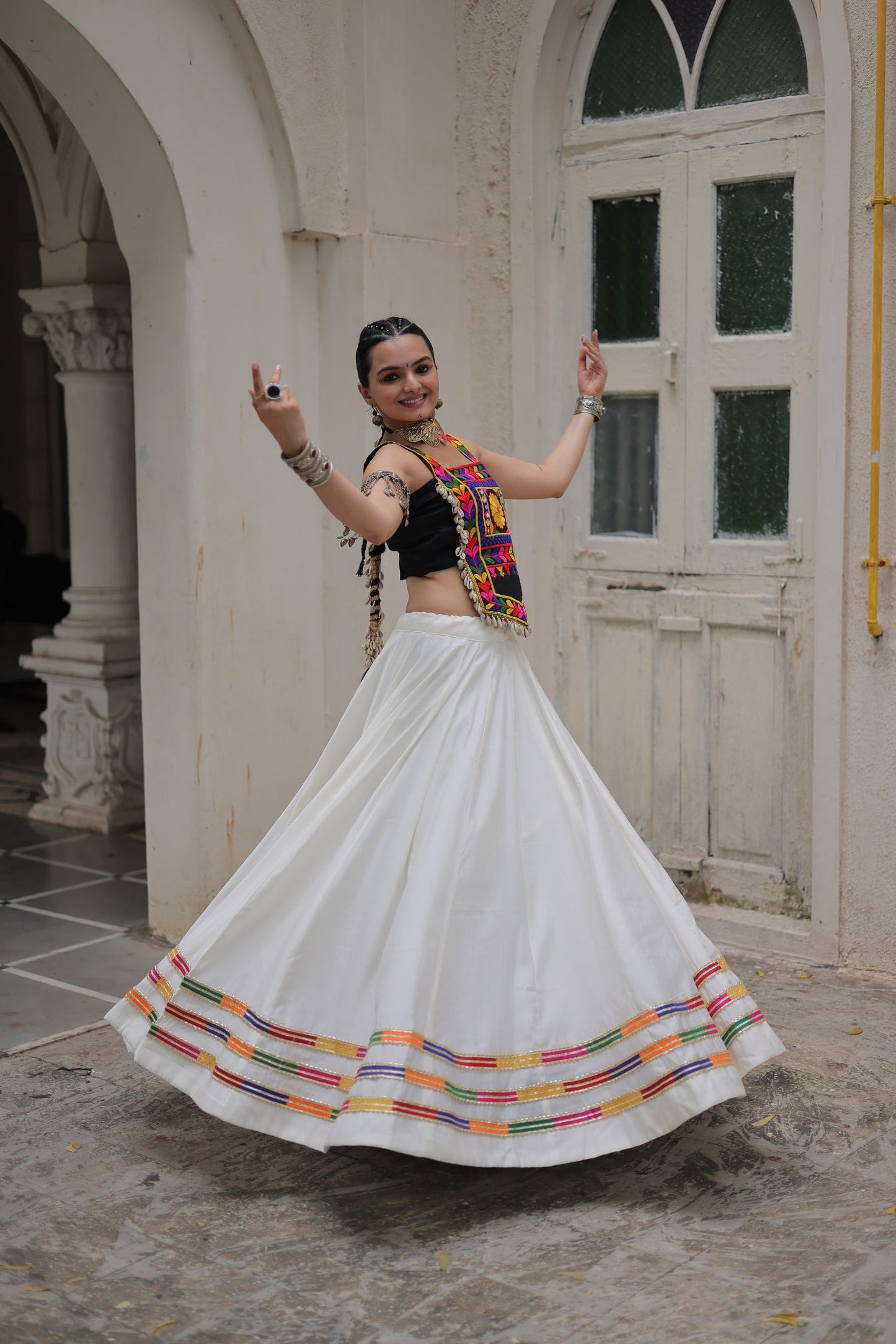 Lorenvalley Fashion White Roman Silk with Attractive Gota-Patti Lace Lehenga Choli | Swadesiicart