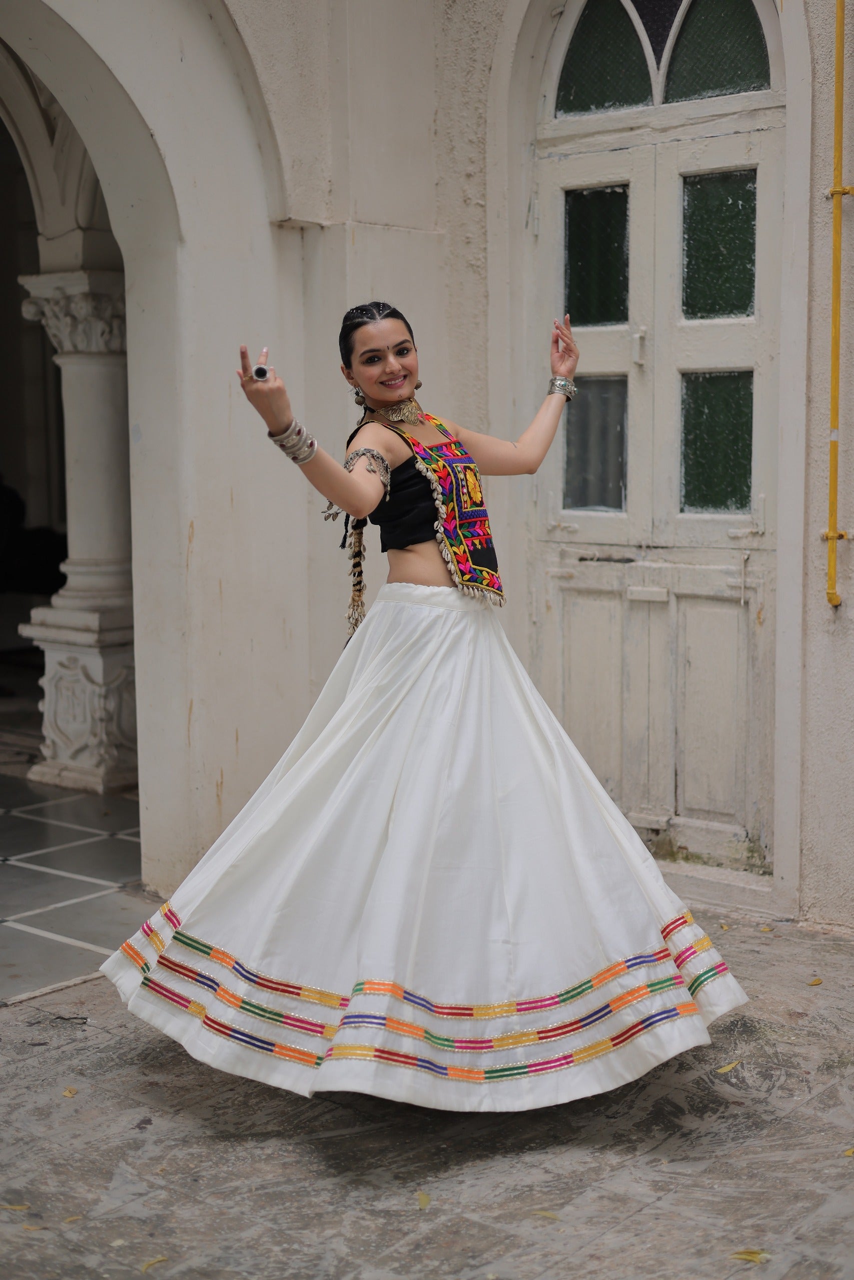 Lorenvalley Fashion White Roman Silk with Attractive Gota-Patti Lace Lehenga Choli | Swadesiicart