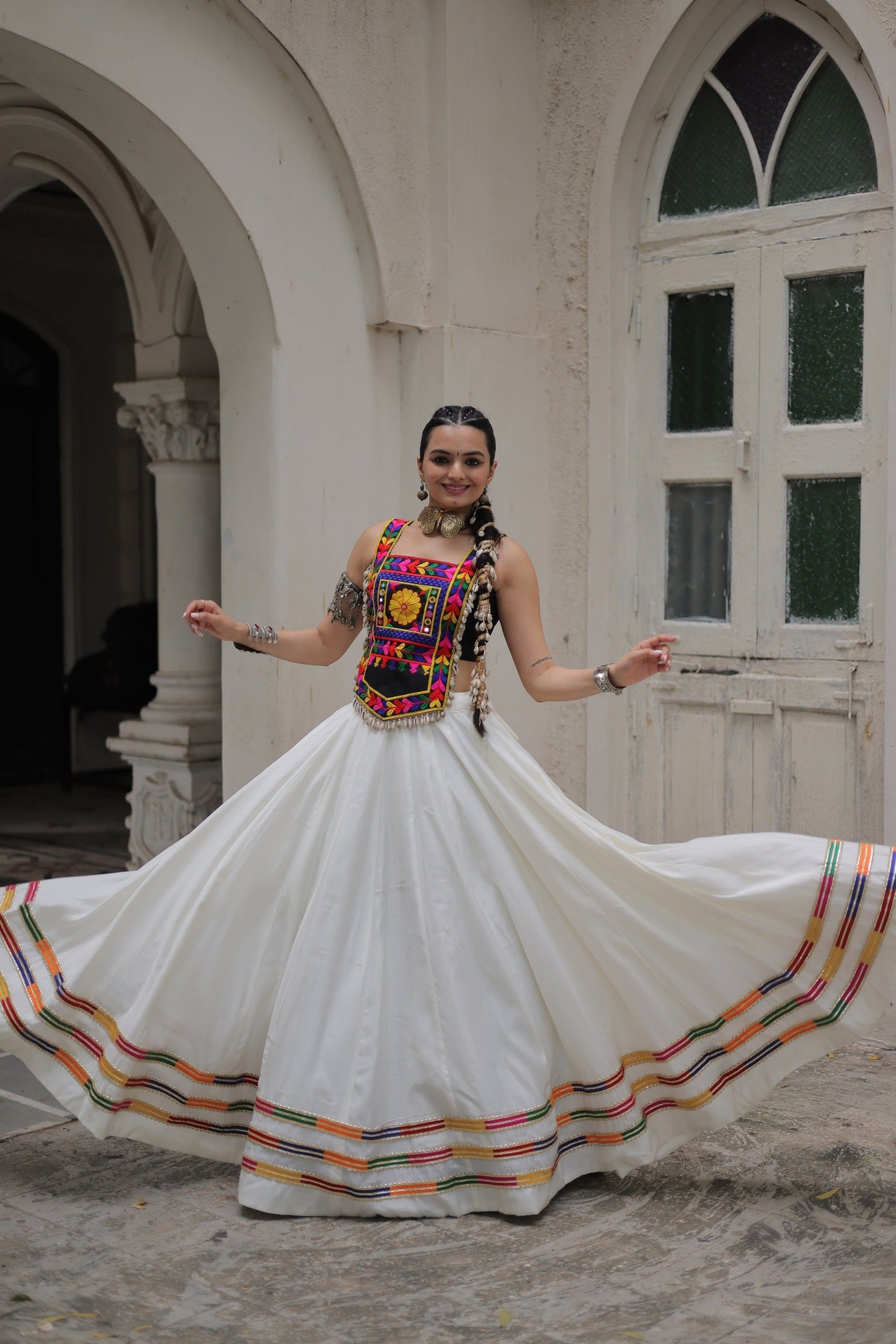 Lorenvalley Fashion White Roman Silk with Attractive Gota-Patti Lace Lehenga Choli | Swadesiicart