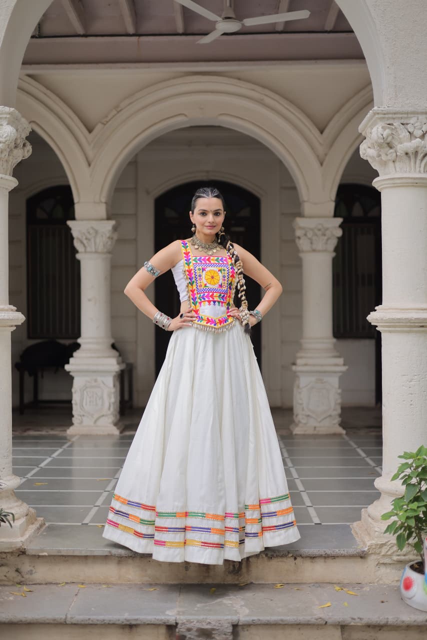 Lorenvalley Fashion White Roman Silk with Attractive Gota-Patti Lace Lehenga Choli | Swadesiicart