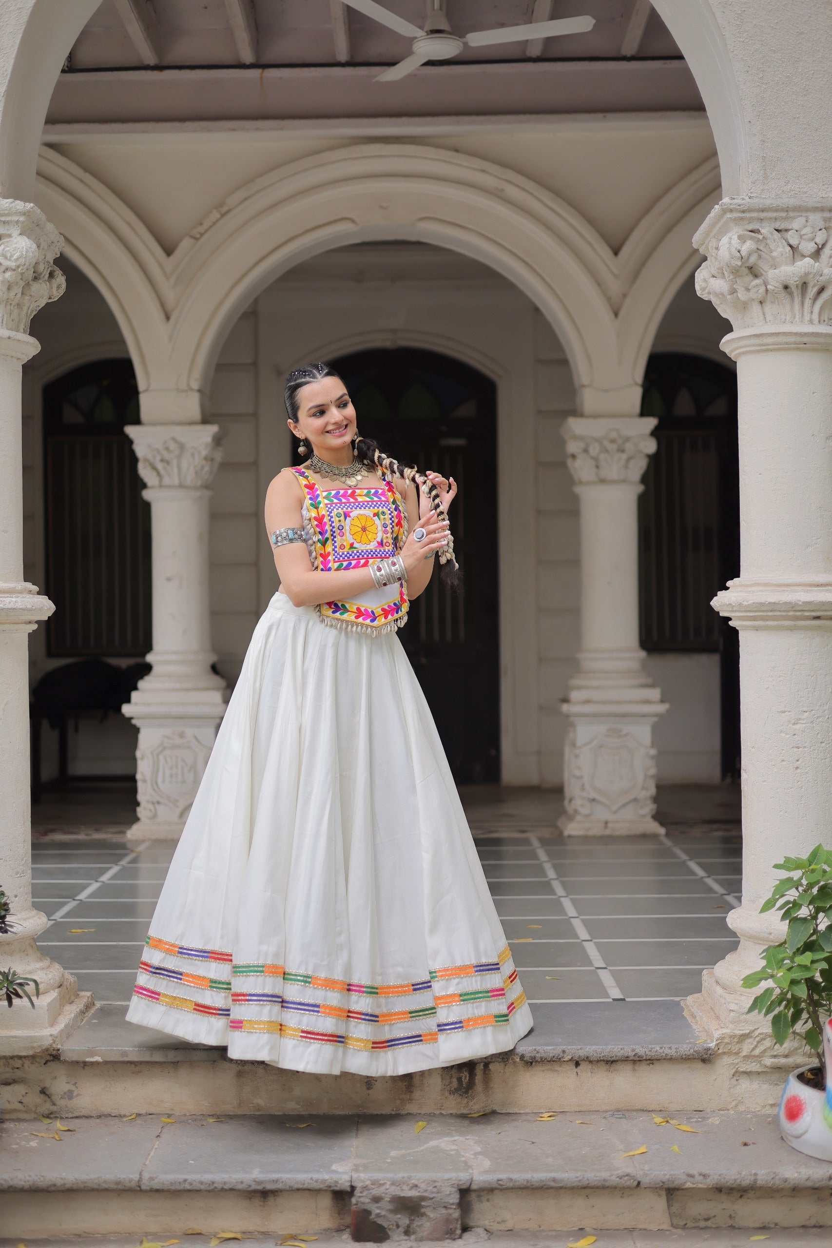 Lorenvalley Fashion White Roman Silk with Attractive Gota-Patti Lace Lehenga Choli | Swadesiicart