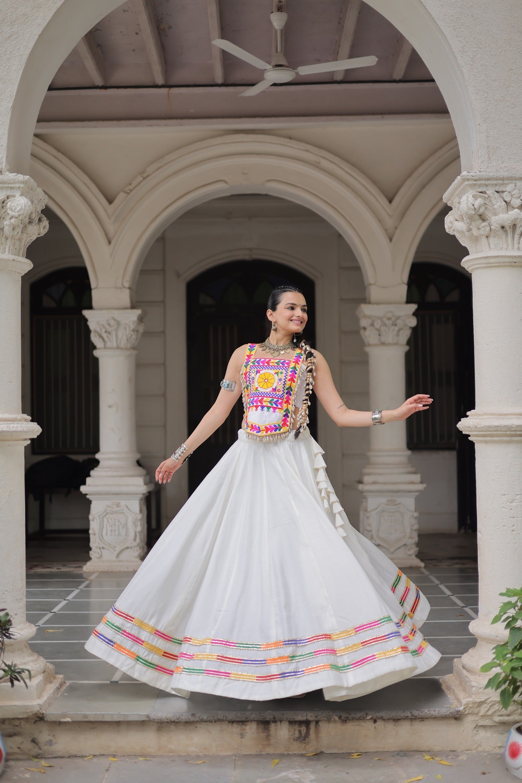Lorenvalley Fashion White Roman Silk with Attractive Gota-Patti Lace Lehenga Choli | Swadesiicart