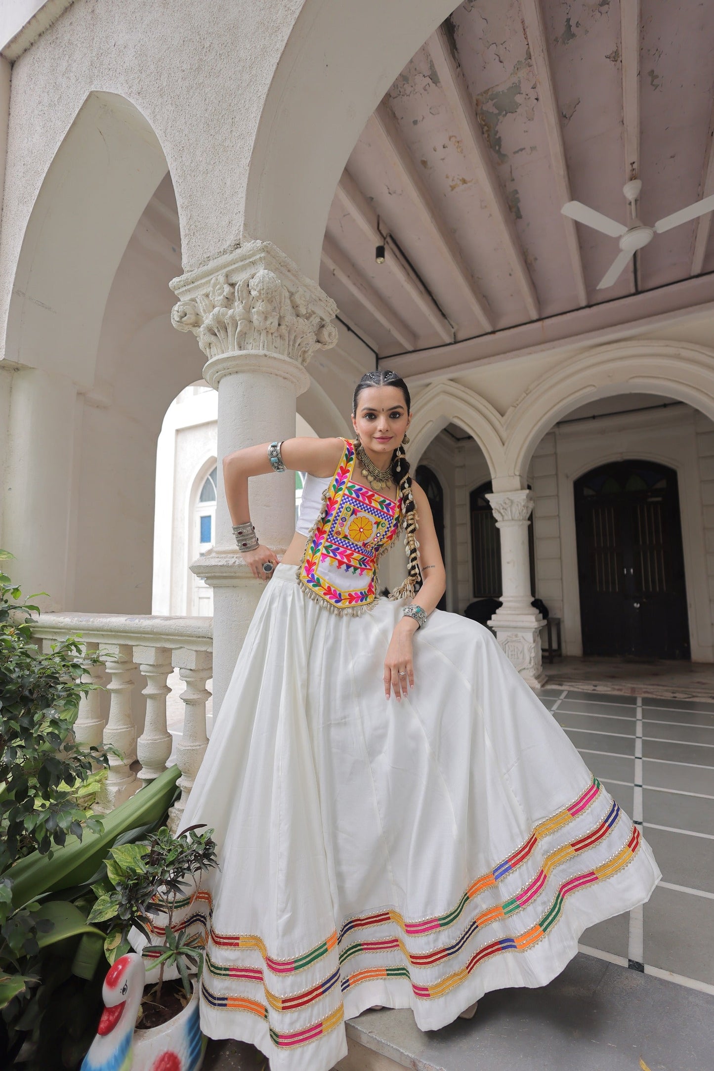 Lorenvalley Fashion White Roman Silk with Attractive Gota-Patti Lace Lehenga Choli | Swadesiicart