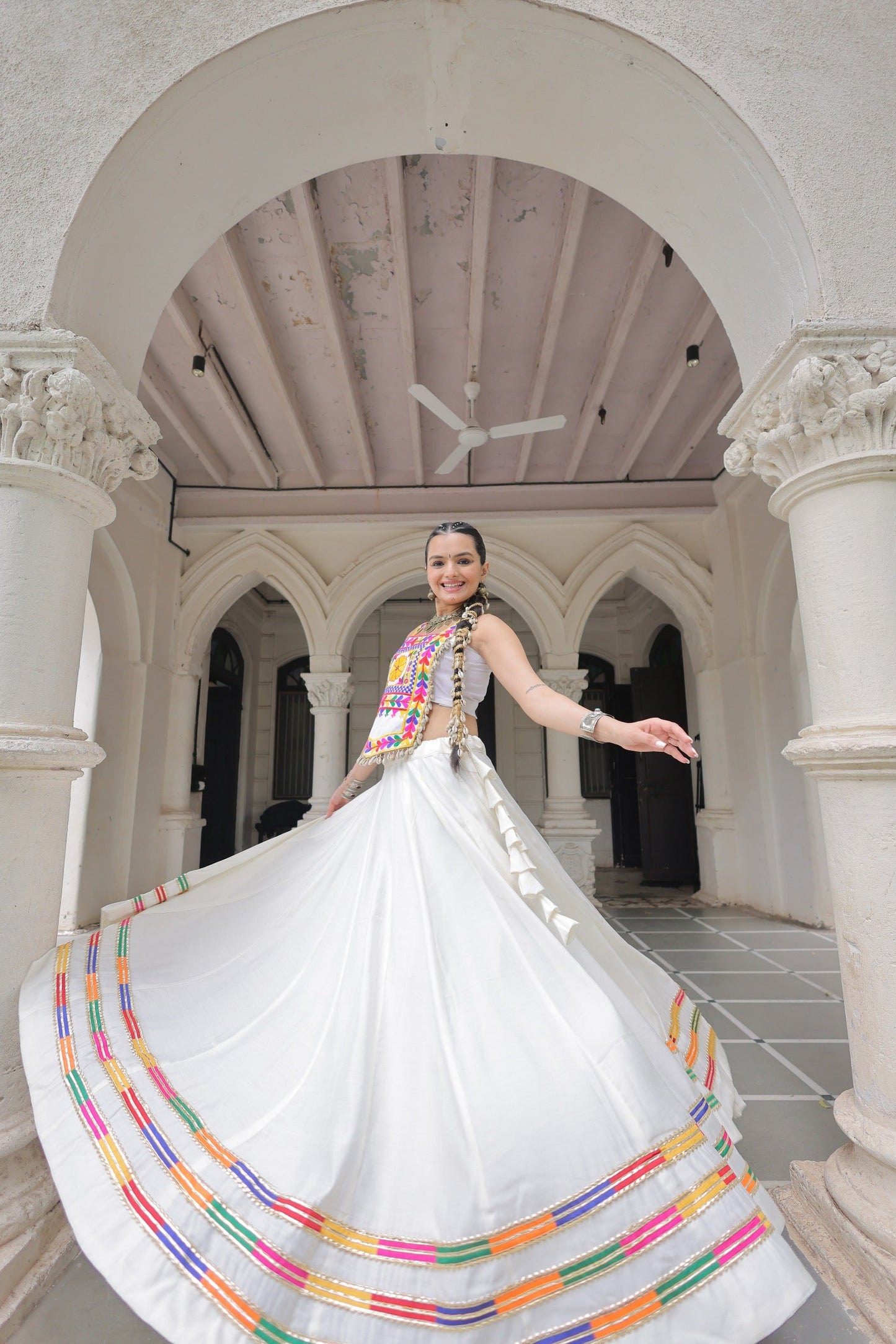 Lorenvalley Fashion White Roman Silk with Attractive Gota-Patti Lace Lehenga Choli | Swadesiicart