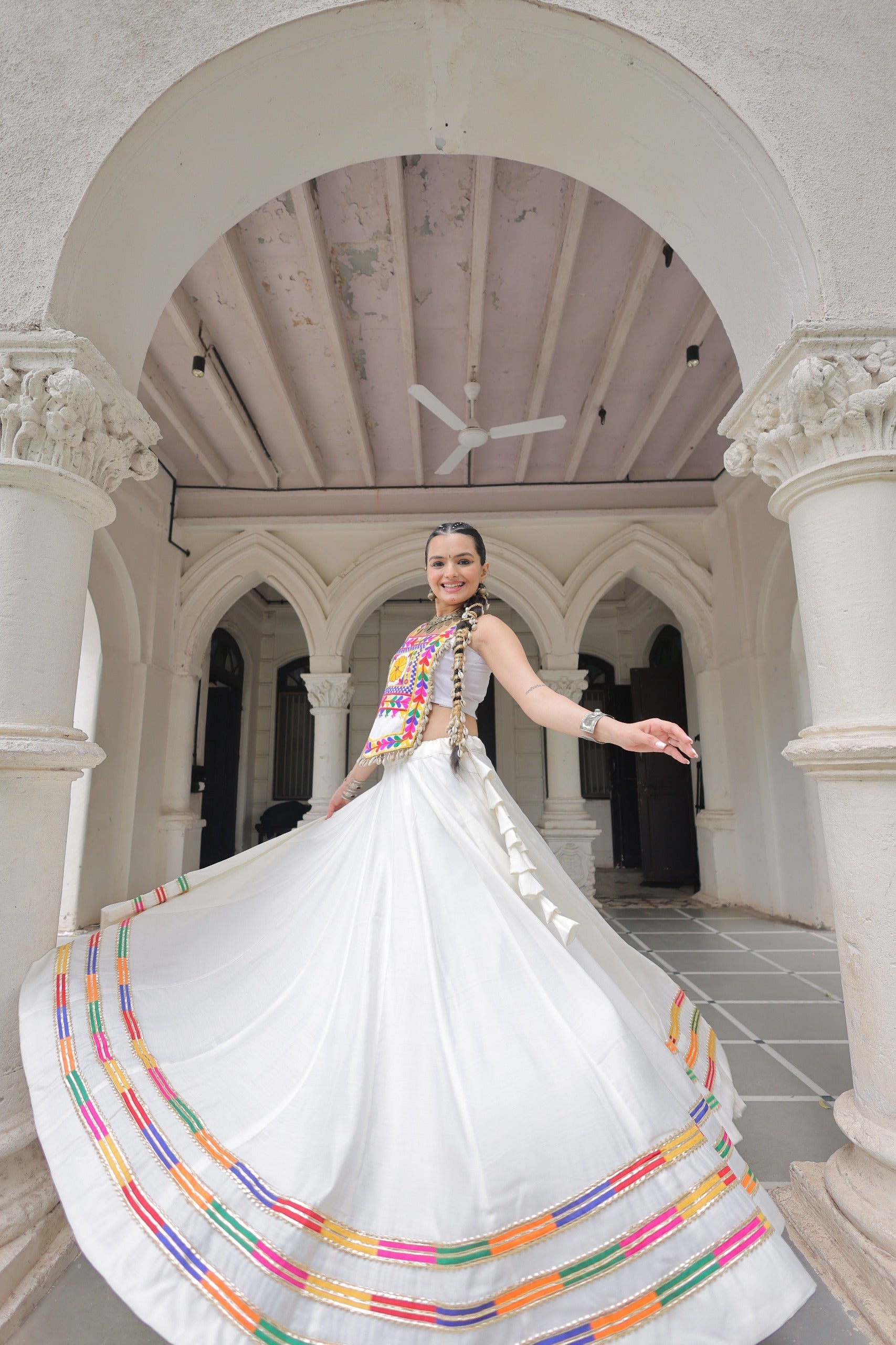 Lorenvalley Fashion White Roman Silk with Attractive Gota-Patti Lace Lehenga Choli | Swadesiicart