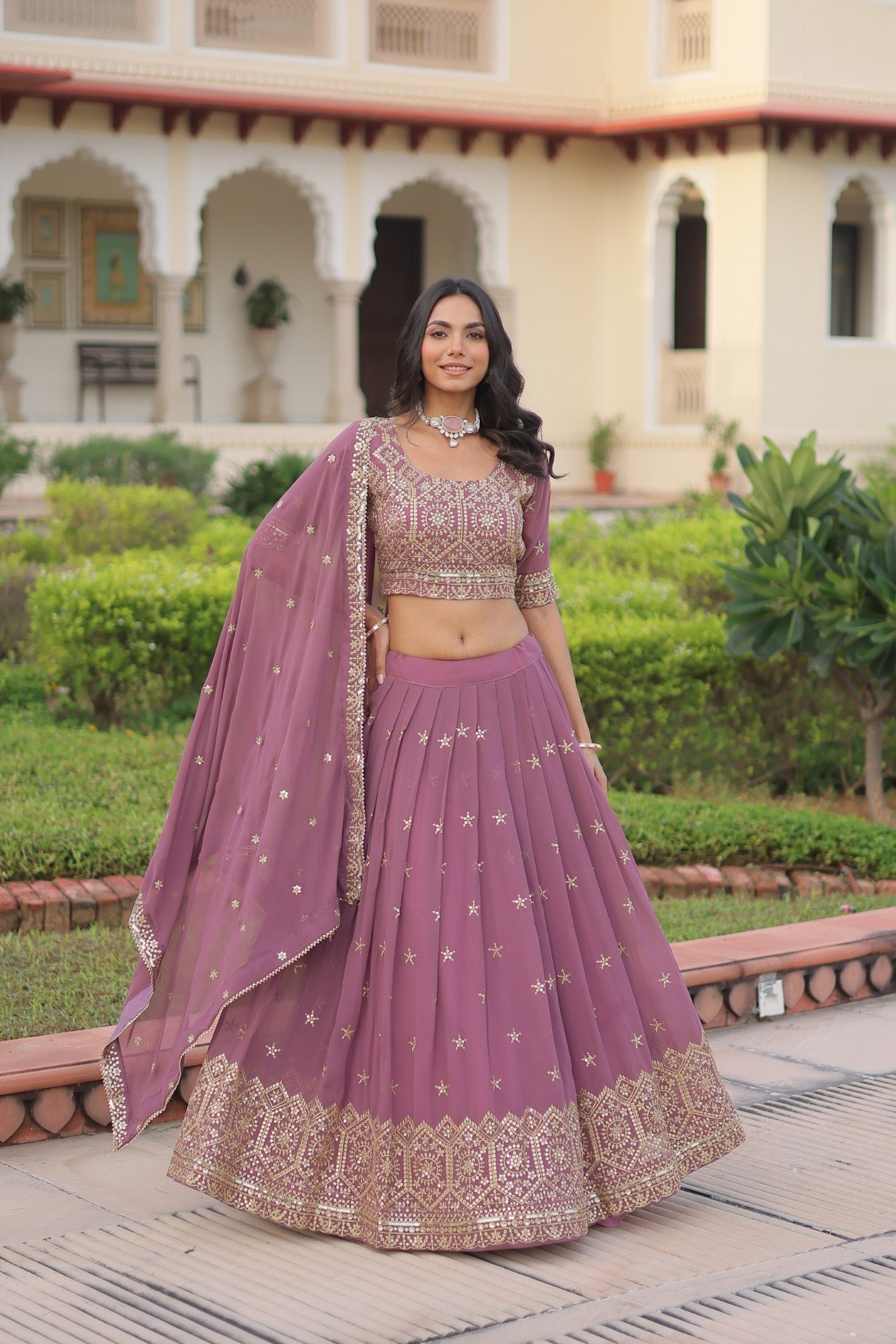Lorenvalley Fashion Onion Pink Faux Georgette With Sequins & Zari Multi Embroidered work Lehenga Choli with Dupatta - Swadesiicart