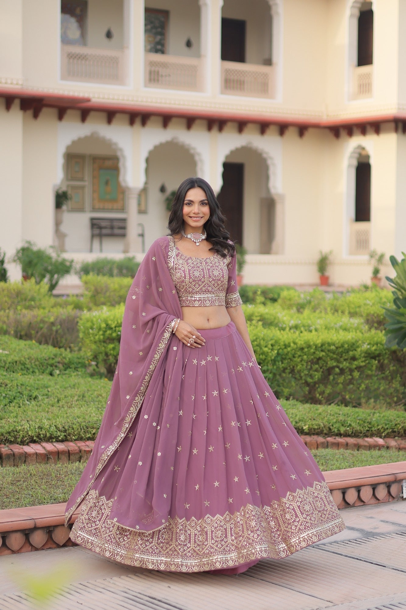 Lorenvalley Fashion Onion Pink Faux Georgette With Sequins & Zari Multi Embroidered work Lehenga Choli with Dupatta - Swadesiicart