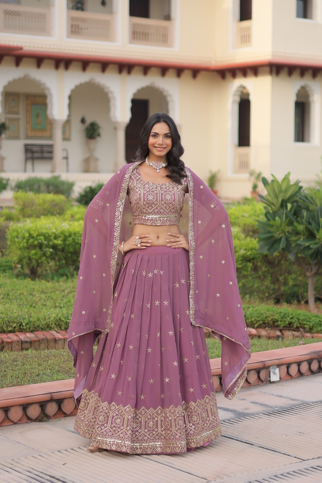 Lorenvalley Fashion Onion Pink Faux Georgette With Sequins & Zari Multi Embroidered work Lehenga Choli with Dupatta - Swadesiicart