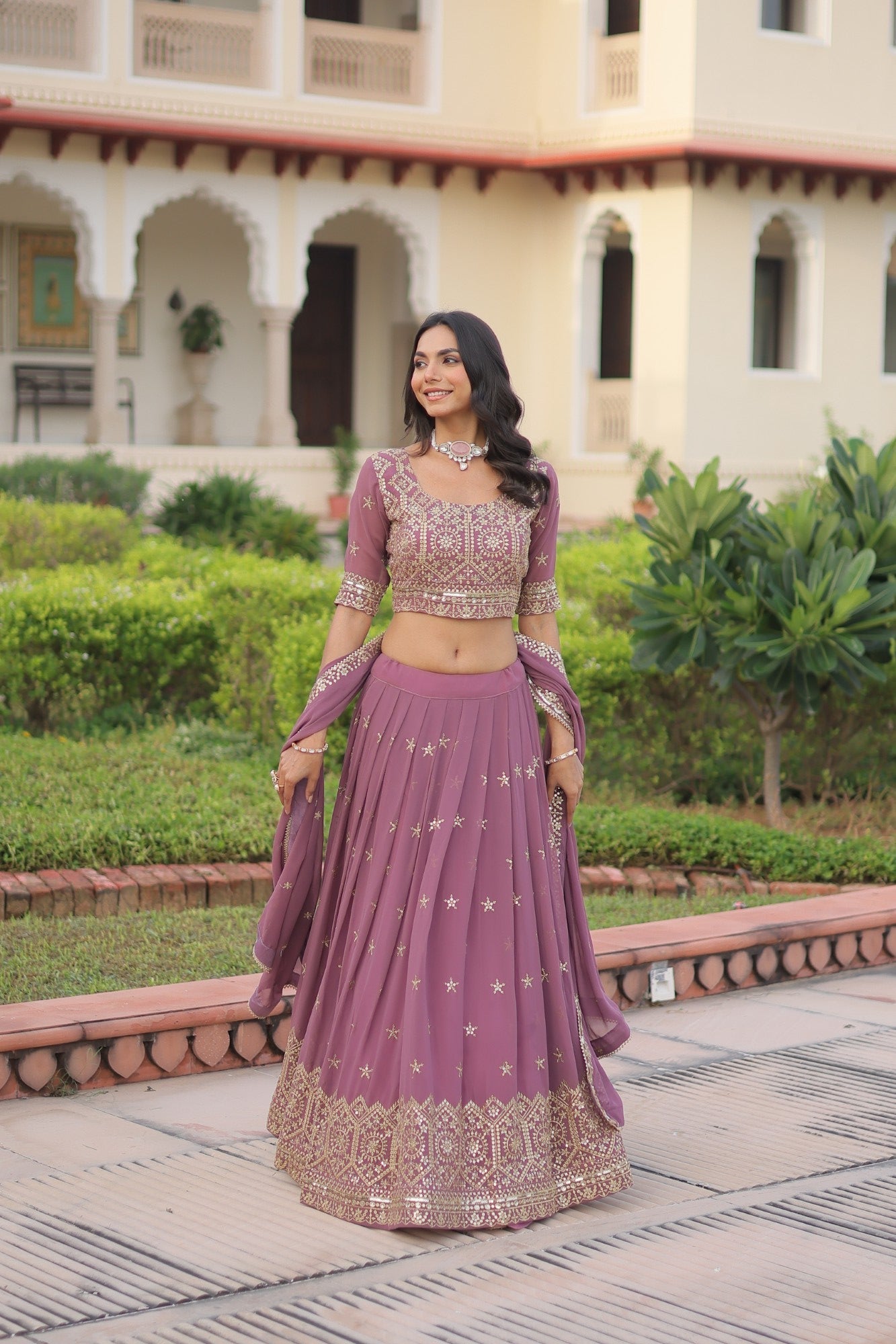 Lorenvalley Fashion Onion Pink Faux Georgette With Sequins & Zari Multi Embroidered work Lehenga Choli with Dupatta - Swadesiicart